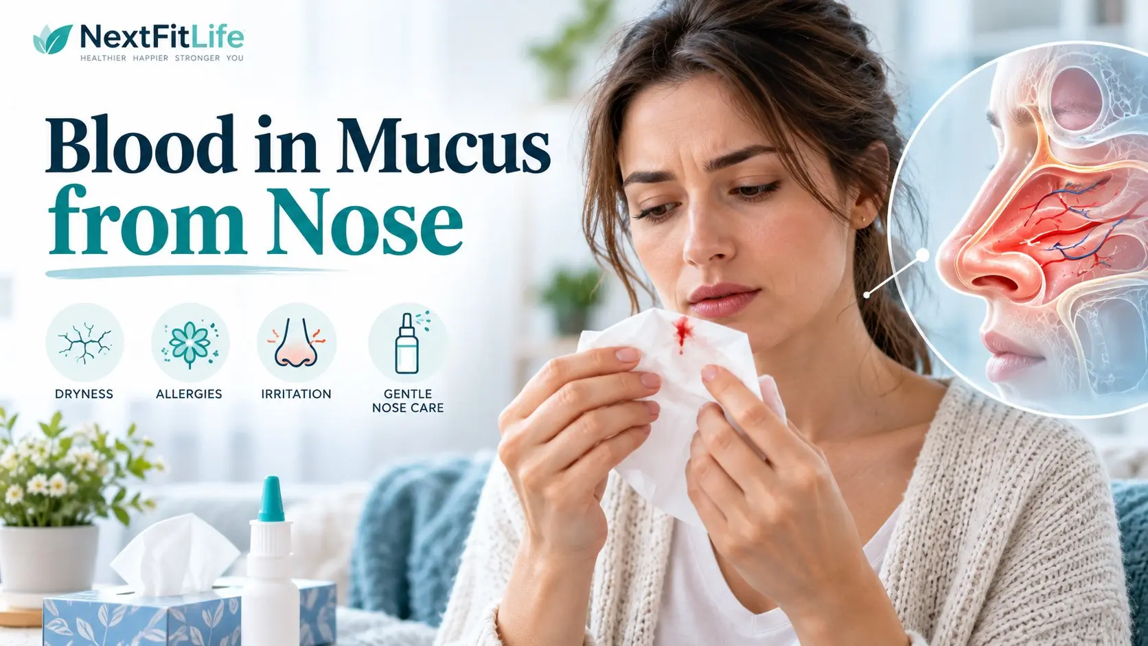 Blood in mucus from nose guide showing nasal dryness, nosebleed, sinus irritation, allergies, and blood streaks in nasal mucus