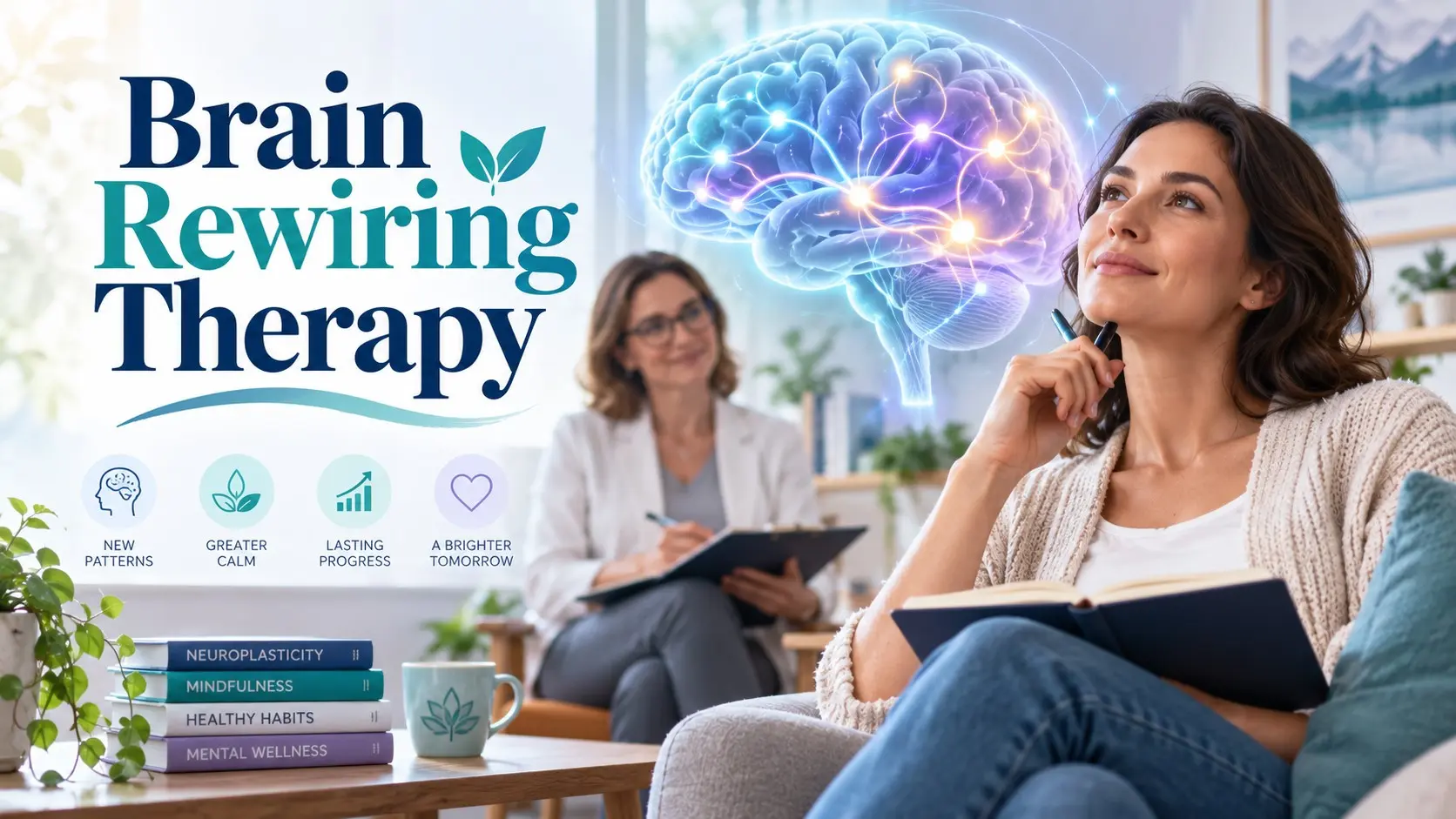 Brain rewiring therapy guide showing neuroplasticity, CBT, rehabilitation, learning, repeated practice, and changing neural pathways
