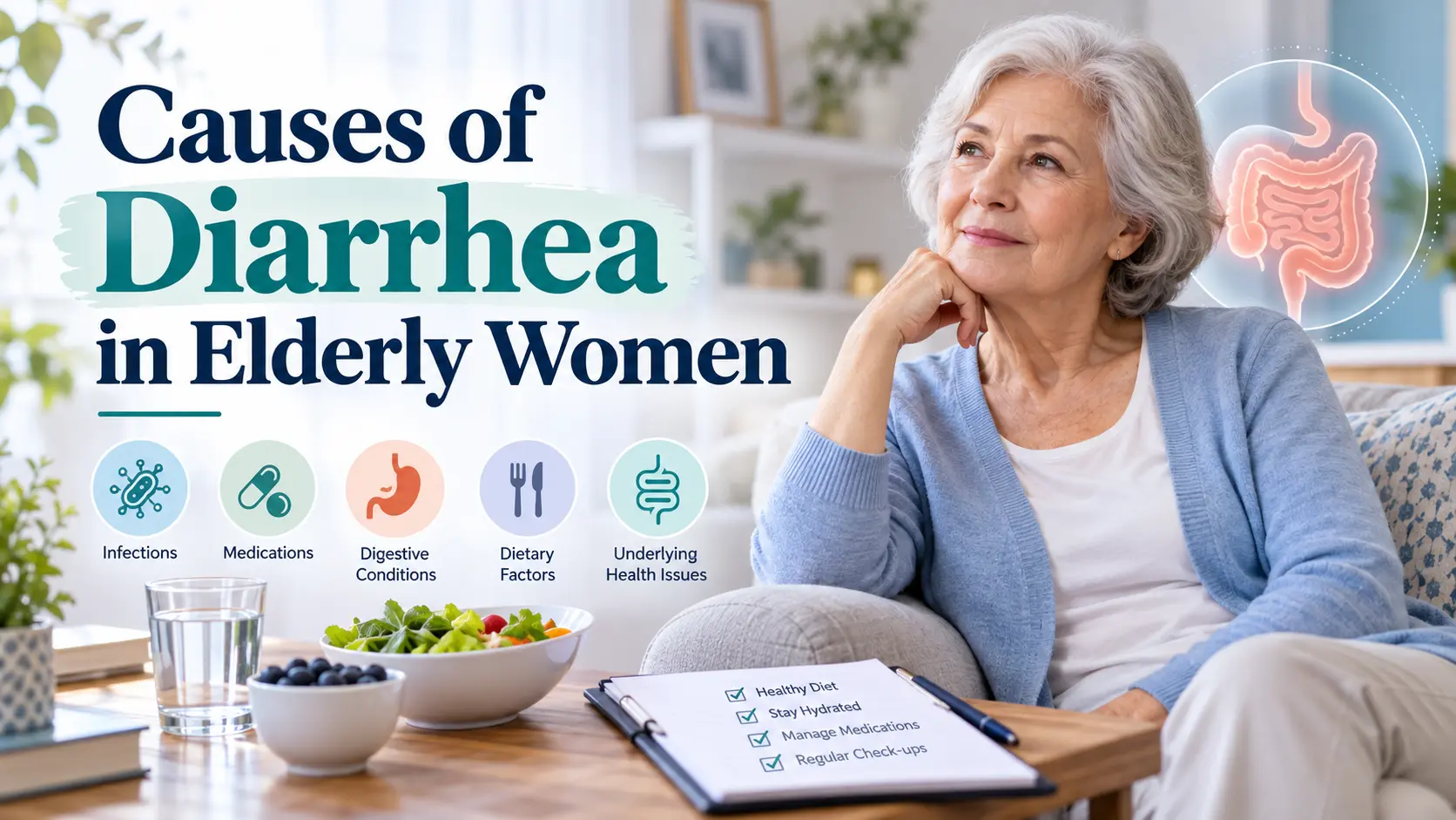 Causes of diarrhea in elderly women guide showing dehydration, medication effects, C. difficile, microscopic colitis, and gut health