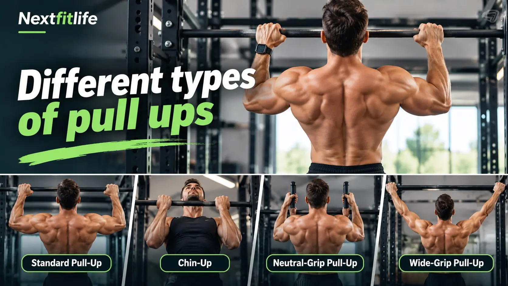 Different types of pull ups showing beginner, standard, neutral grip, wide grip, weighted, and advanced pull up variations
