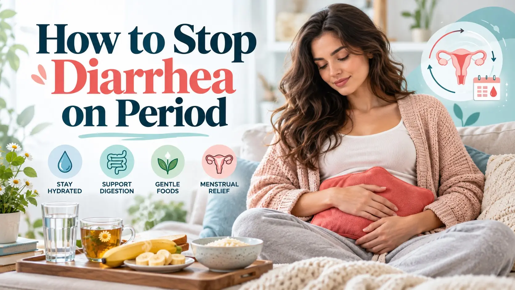 How to stop diarrhea on period guide showing menstrual cramps, prostaglandins, hydration, loose stools, and safe relief