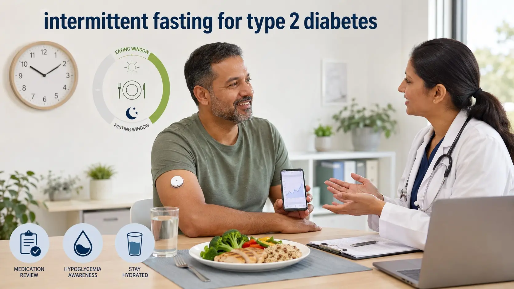 intermittent fasting for type 2 diabetes- Adult discussing intermittent fasting, glucose monitoring, medication safety, and balanced meals for Type 2 diabetes with a healthcare professional.