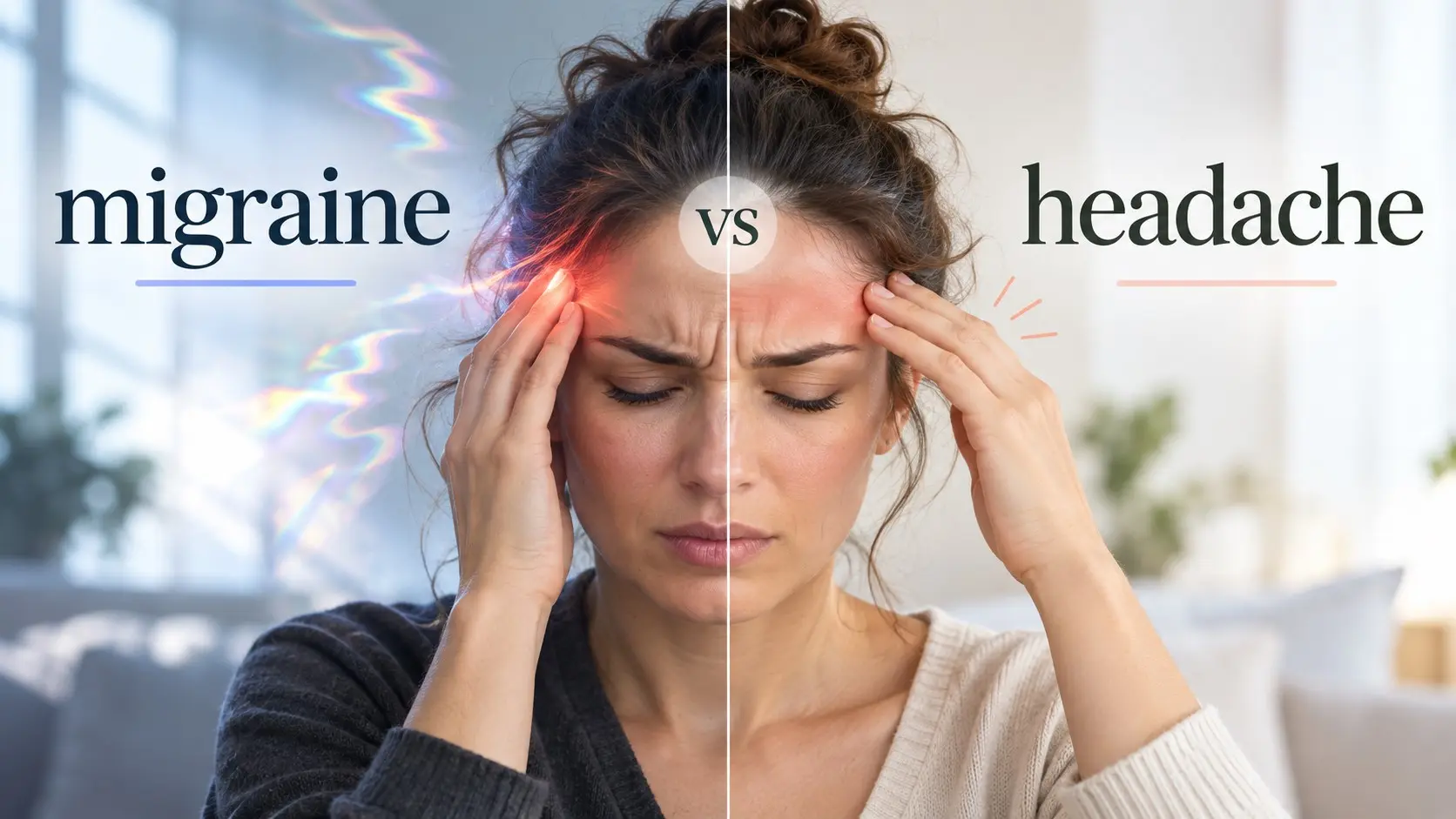 Migraine vs headache comparison showing migraine symptoms and tension headache pressure