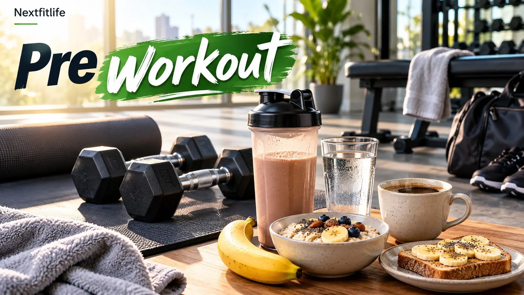 Pre workout guide with coffee, banana, oats, water, creatine, dumbbells, and evidence based pre workout nutrition