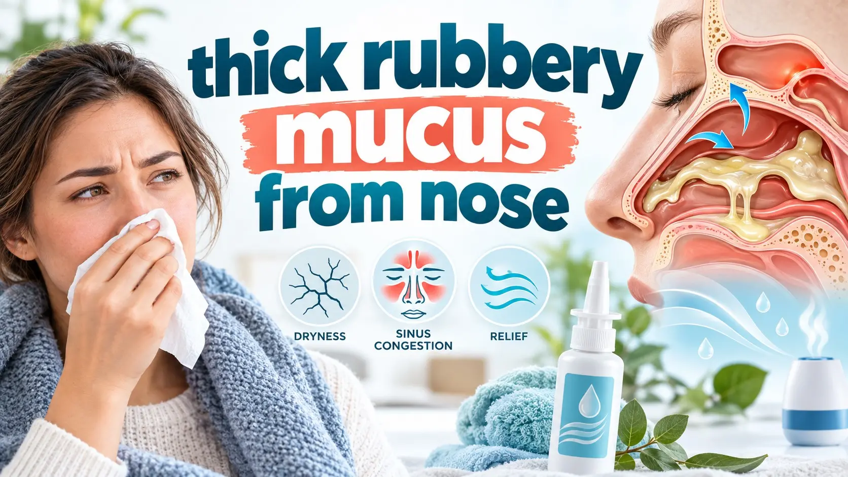 Thick rubbery mucus from nose guide showing thick nasal mucus, sinus congestion, dry nasal tissue, allergies, and saline relief