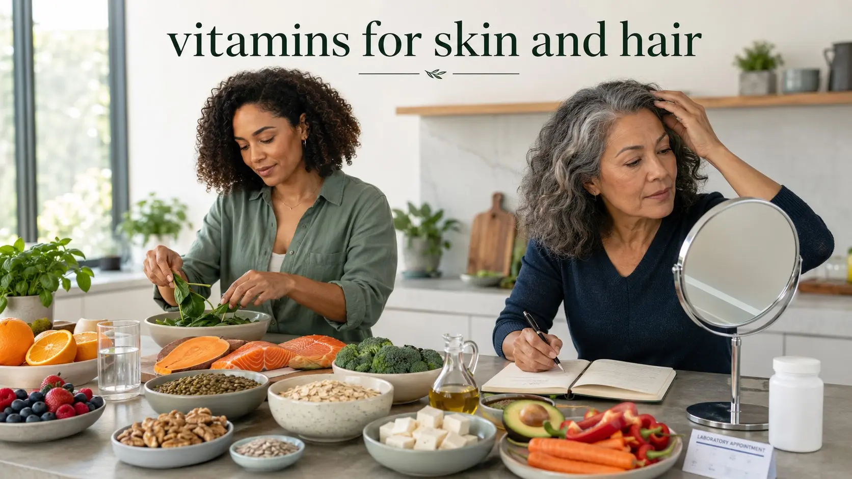 vitamins for skin and hair - Adults preparing vitamin rich whole foods and reviewing a skin and hair nutrition journal