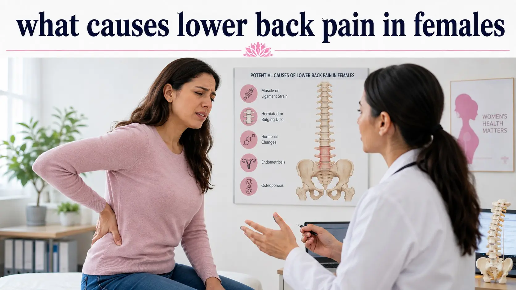 what causes lower back pain in females - Adult woman discusses lower back pain with a healthcare professional while reviewing spinal, menstrual, kidney, and pelvic causes