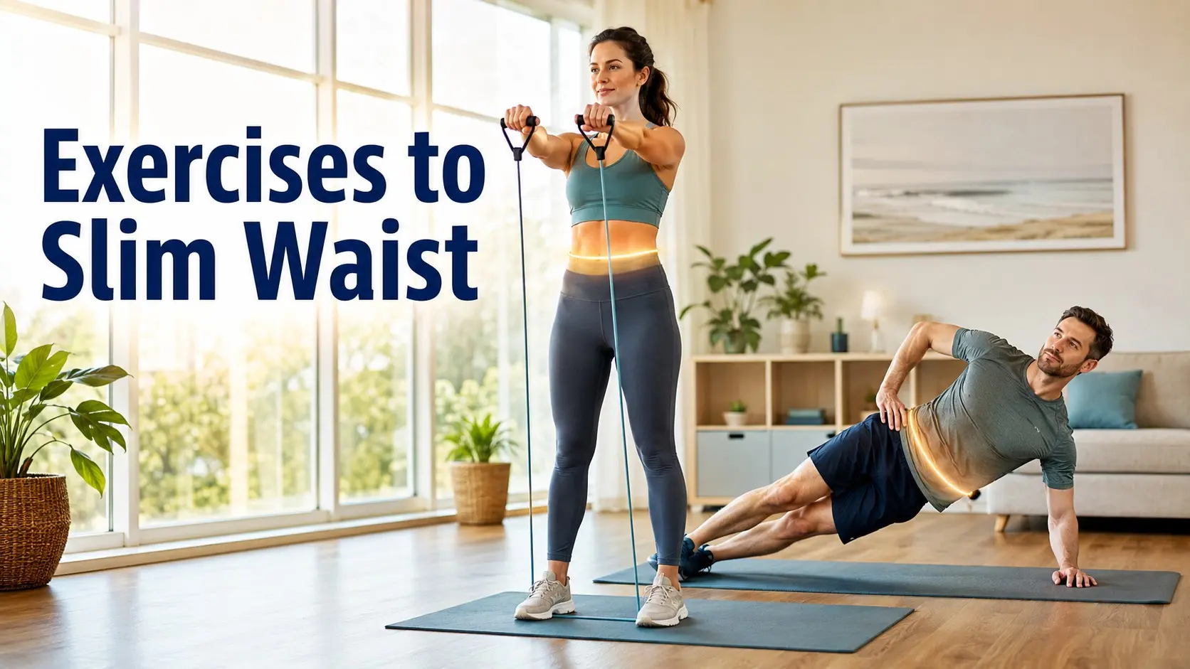 Adults doing exercises to slim waist with safe cardio, strength, and core training for fitness and abdominal strength.