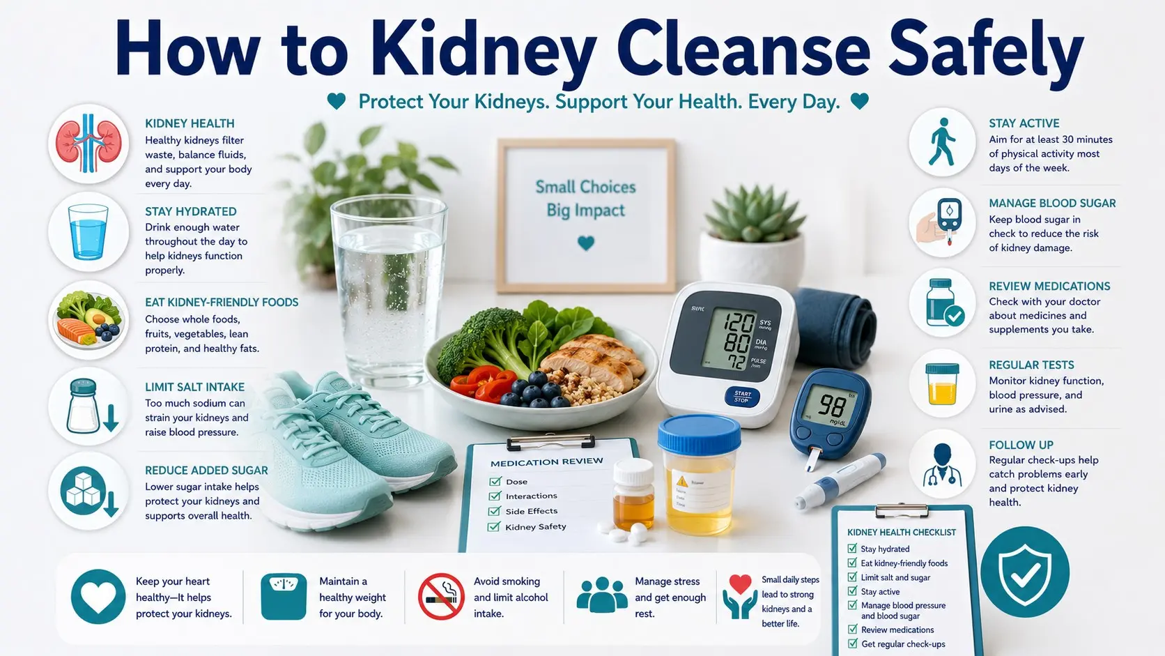 How to Kidney Cleanse safely guide with kidney icon, water glass, blood pressure monitor, healthy plate, low salt, diabetes check, medicine review, urine test, and doctor checklist icons.
