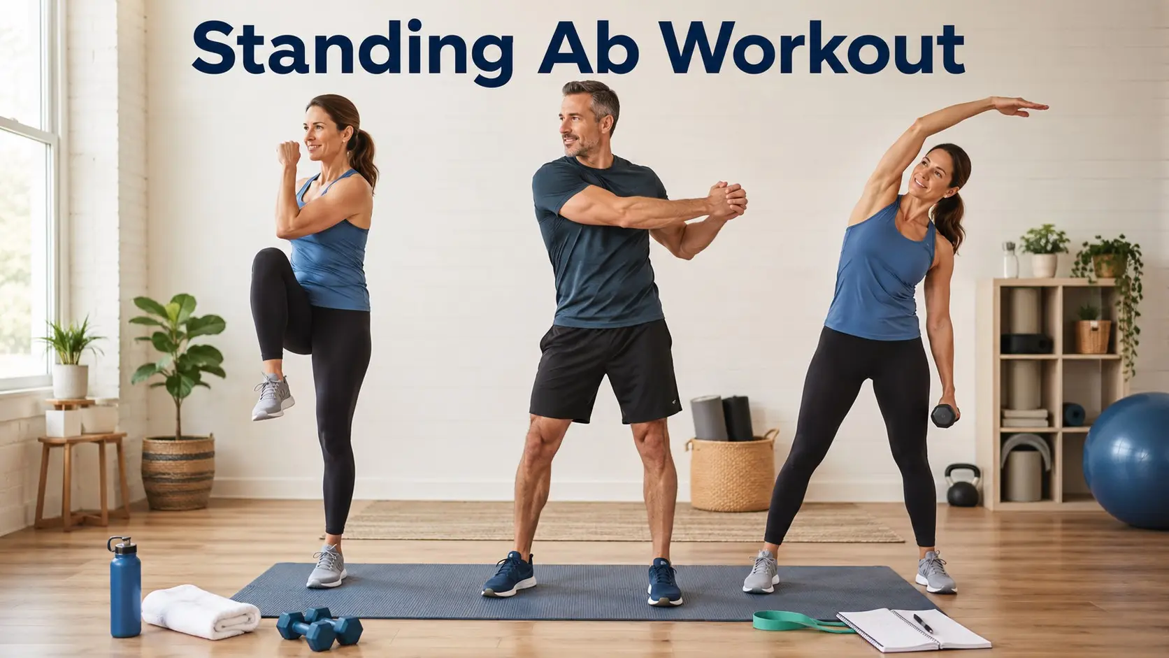 Standing Ab Workout guide with adults doing safe standing core exercises, knee lifts, side bends, and gentle rotations