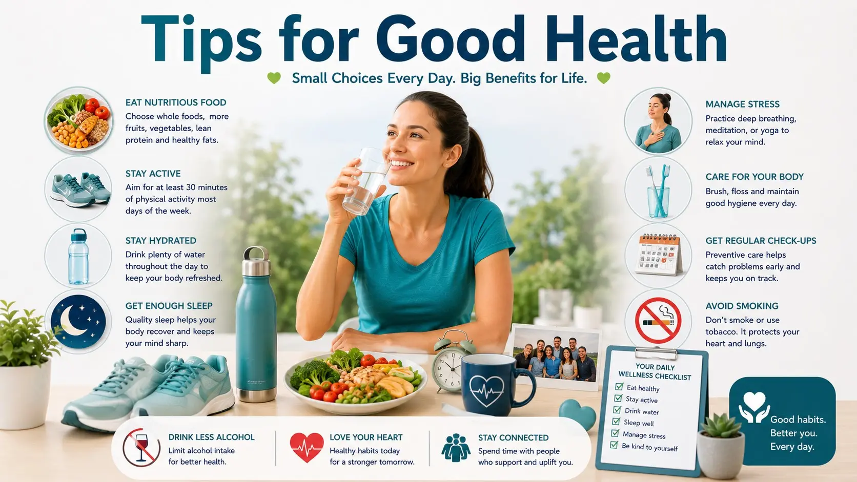 Tips for Good Health guide with healthy meals, walking, sleep, water, stress care, dental care, checkups, no smoking, less alcohol, and daily habit icons.