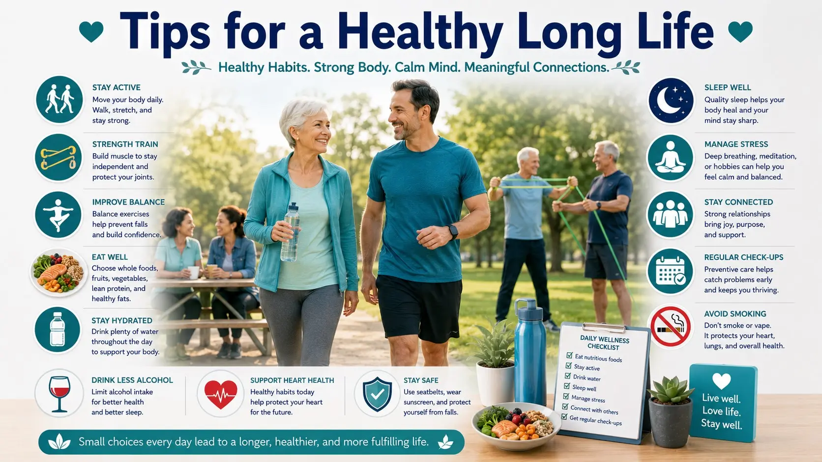 Tips for a Healthy Long Life guide with walking, strength training, healthy meals, sleep, water, stress care, social connection, checkups, no smoking, less alcohol, and safety icons.