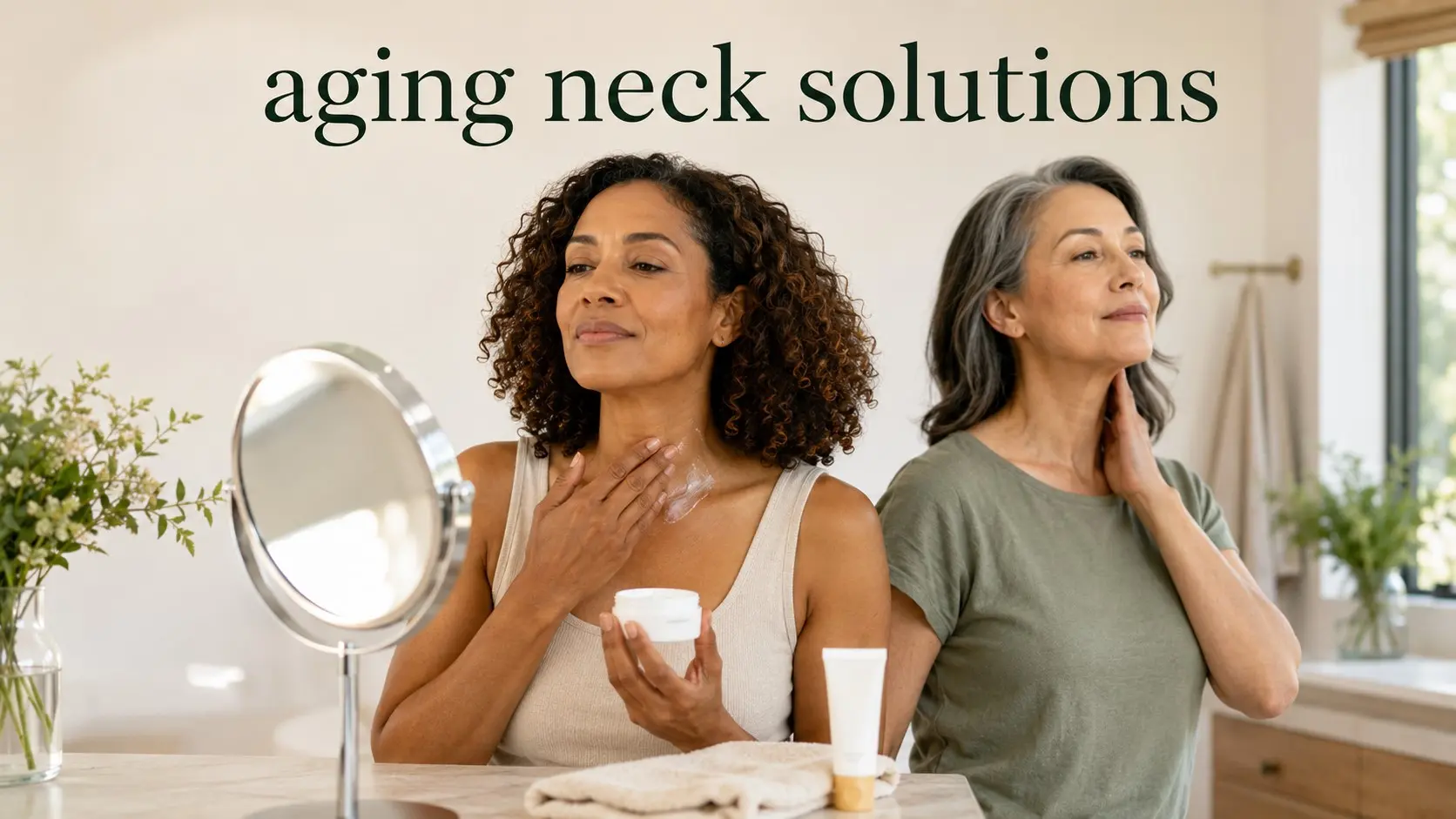 aging neck solutions- Adults applying moisturizer and checking natural neck lines as part of a healthy aging skin care routine