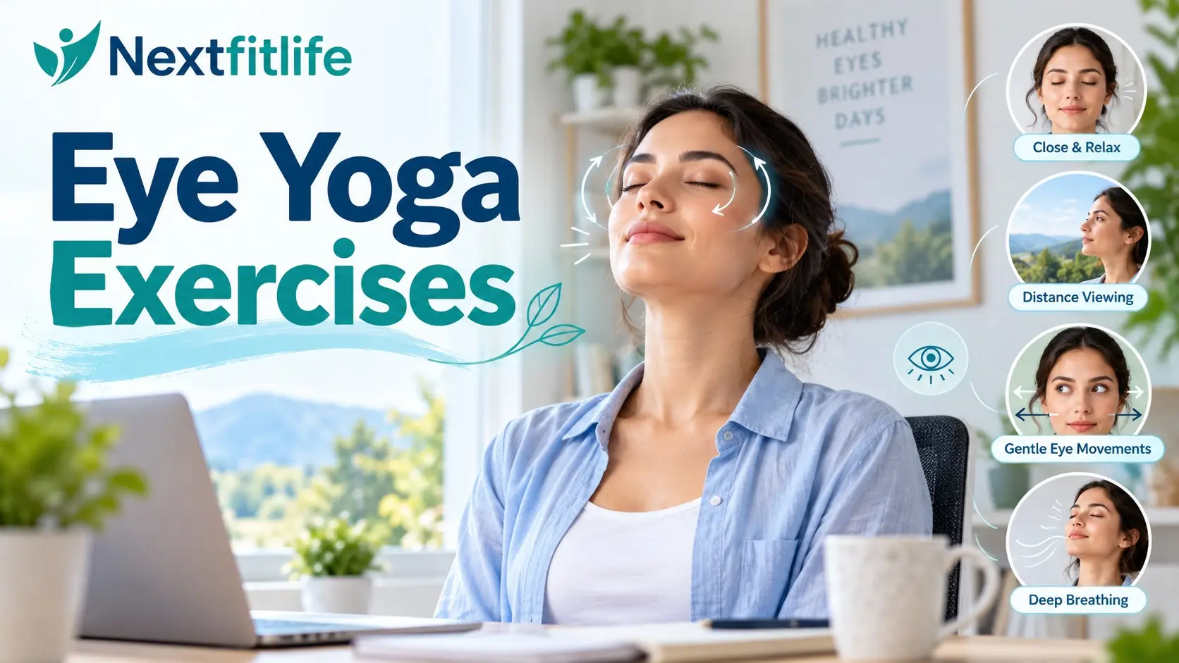 Eye yoga exercises for tired eyes, screen breaks, blinking, distance viewing, palming, and calm visual focus