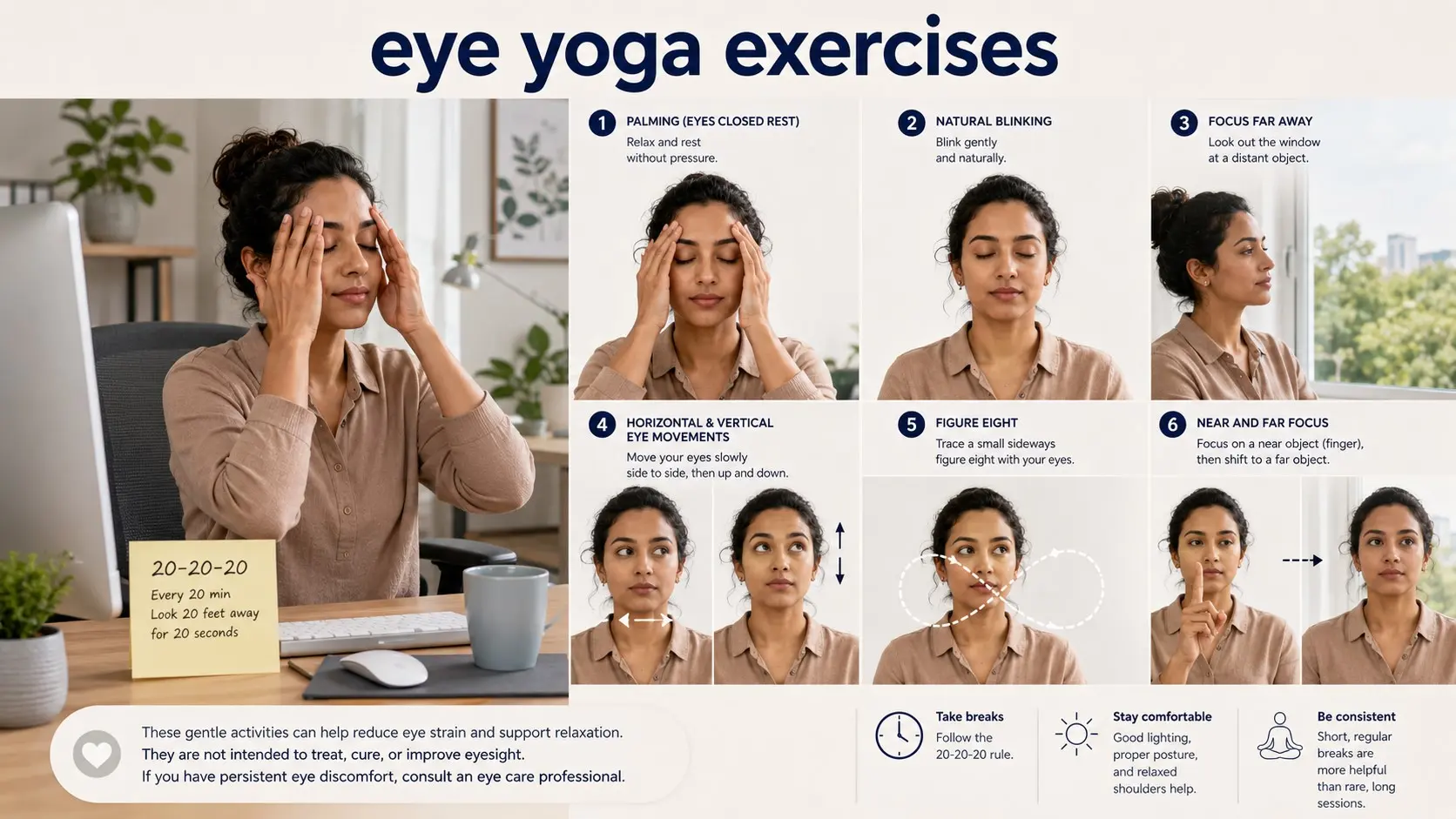 eye yoga exercises- Adult practicing gentle eye yoga with closed-eye rest, natural blinking, distance viewing, and slow gaze movements during a screen break