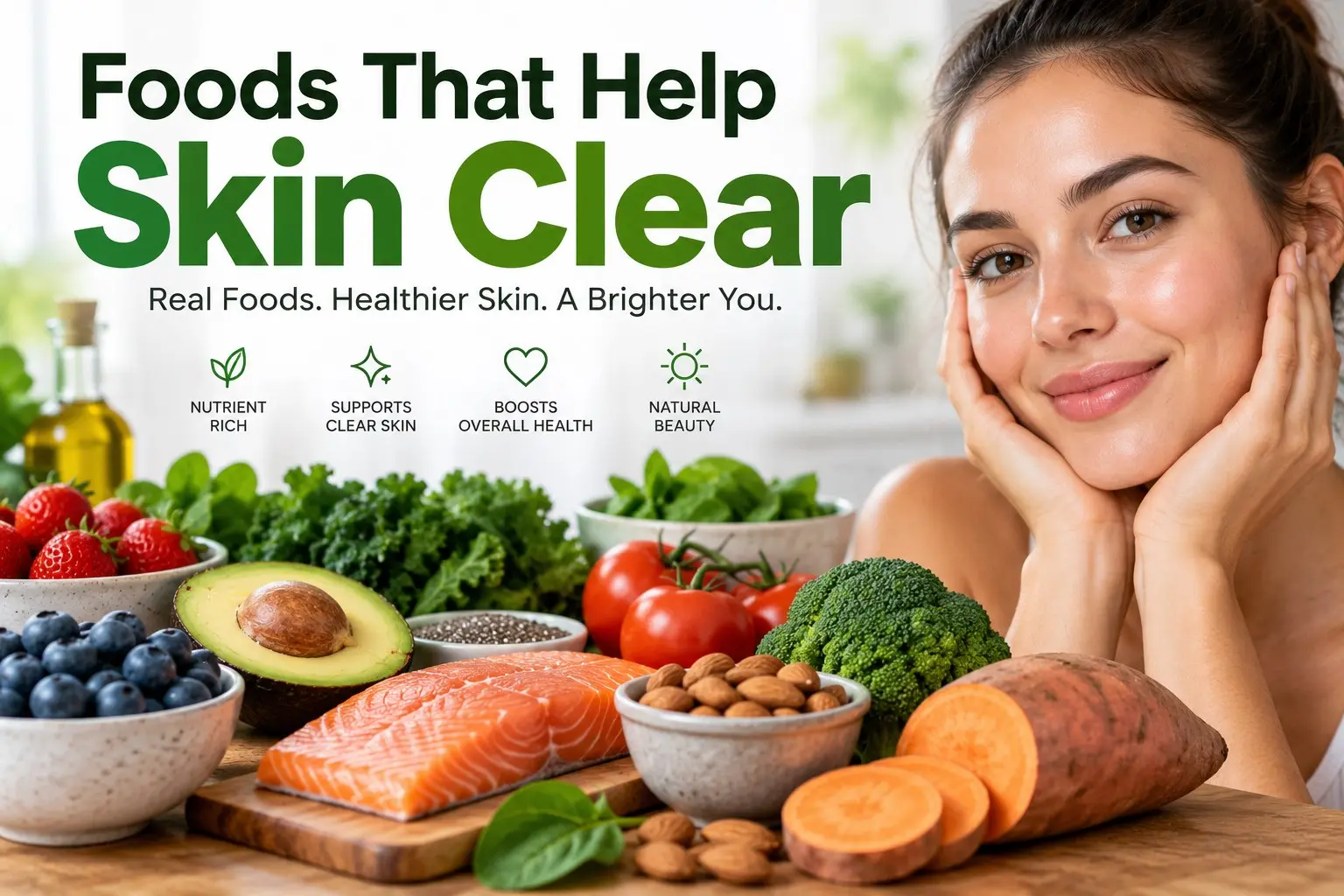 Foods That Help Skin Clear with salmon vegetables berries nuts seeds legumes avocado and other nutrient rich foods