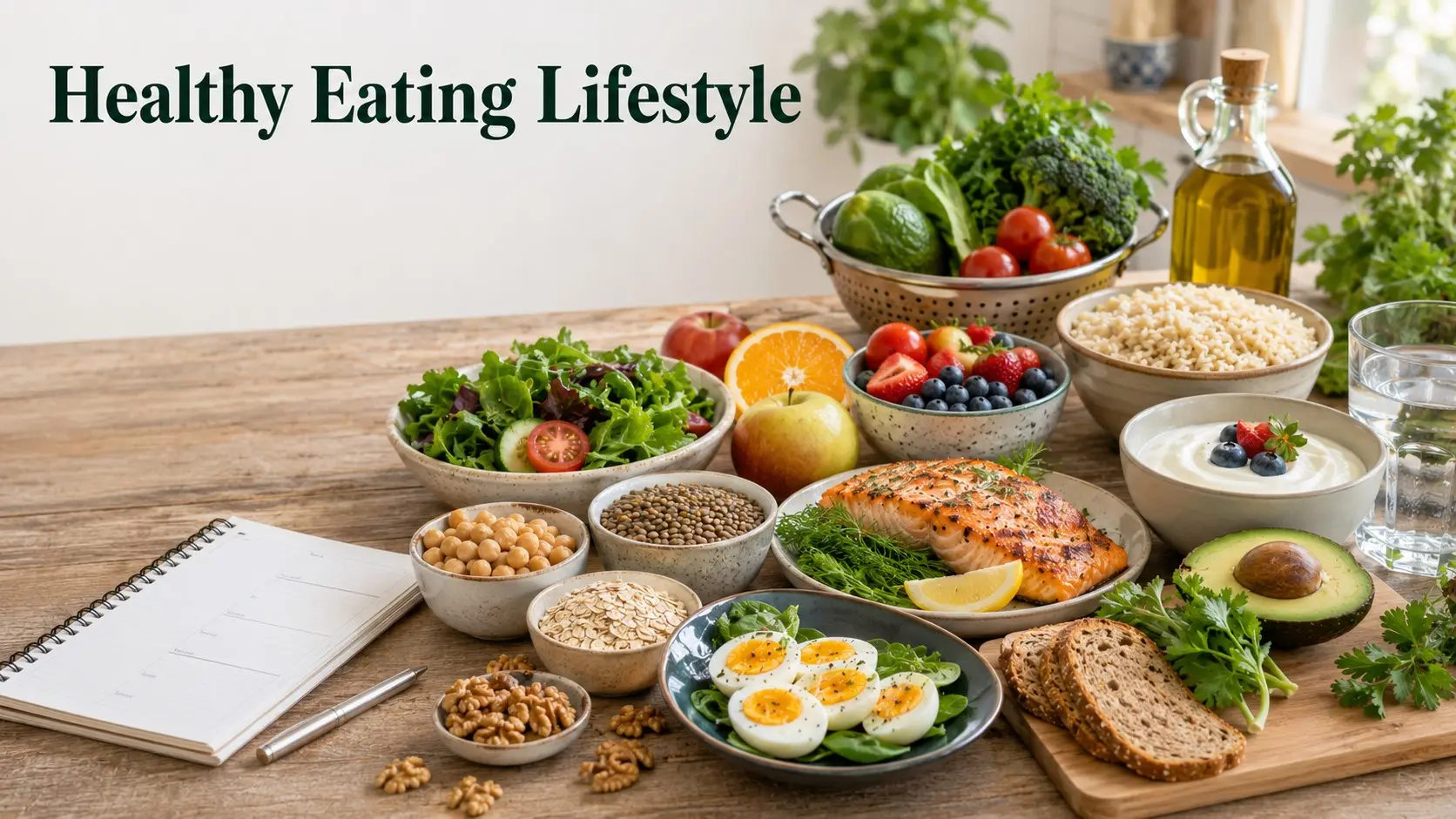 Healthy Eating Lifestyle with vegetables, fruit, salmon, eggs, lentils, oats, whole grains, yogurt, nuts, avocado, and olive oil.