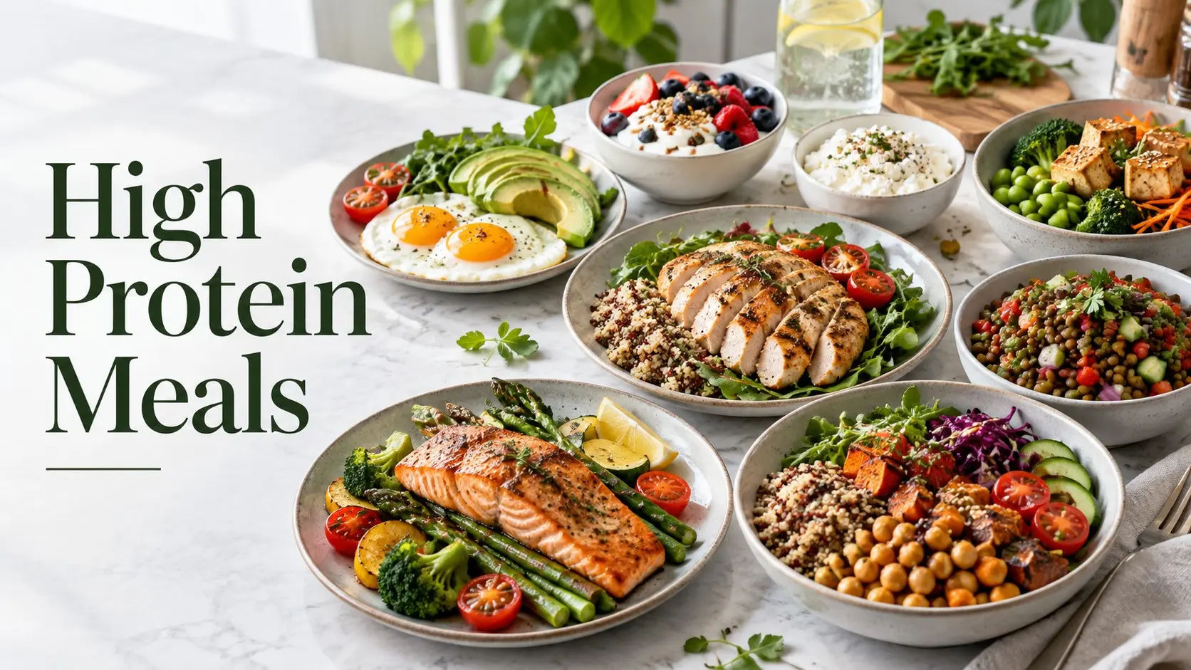 High Protein Meals with salmon chicken eggs yogurt tofu lentils beans vegetables and quinoa