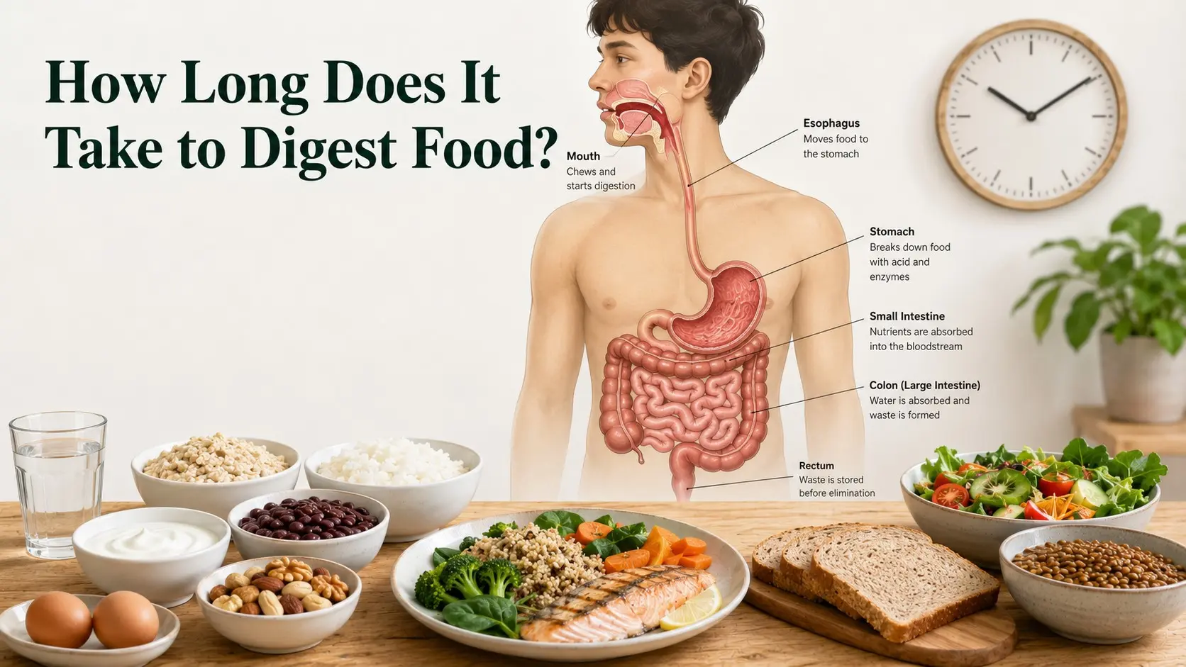 How Long Does It Take to Digest Food chart with the stomach, small intestine, colon, water, fruit, vegetables, grains, protein, and mixed meals.