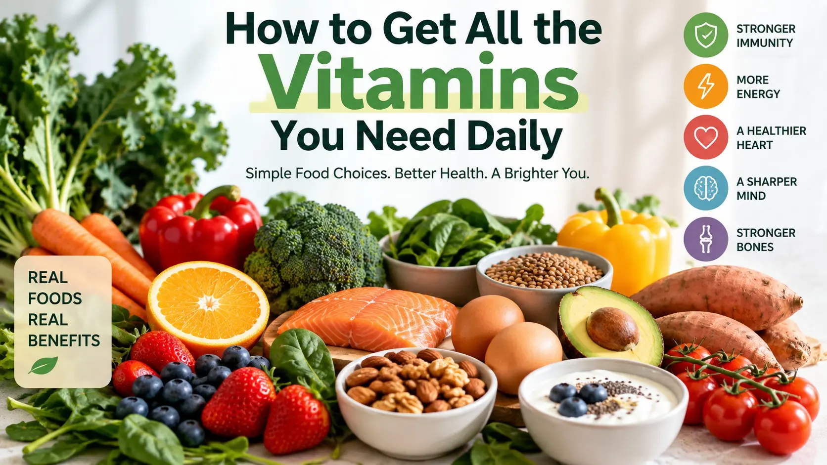 How to Get All the Vitamins You Need Daily with colorful vegetables fruit eggs salmon whole grains nuts seeds and fortified foods