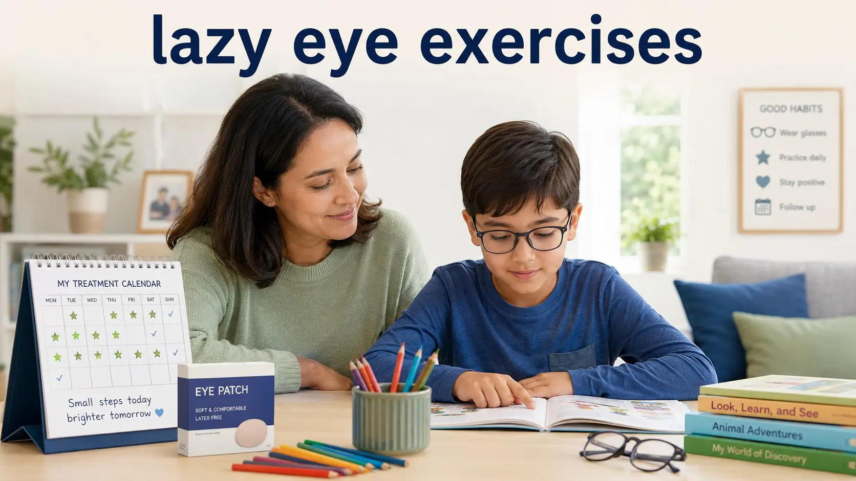 lazy eye exercises- Child wearing prescription glasses during a supervised amblyopia care activity with a parent