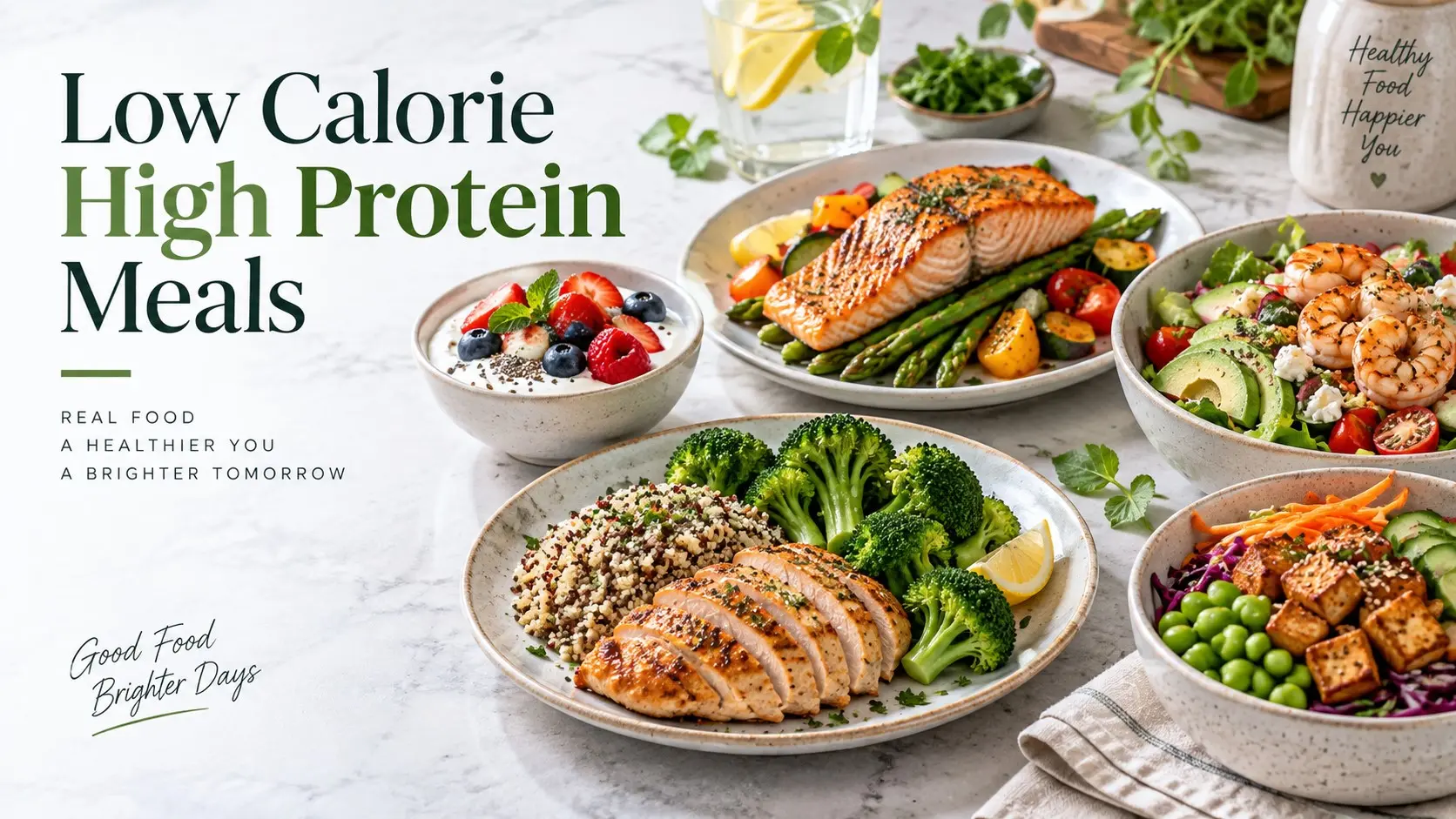 Low Calorie High Protein Meals with chicken salmon eggs yogurt tofu beans vegetables and quinoa