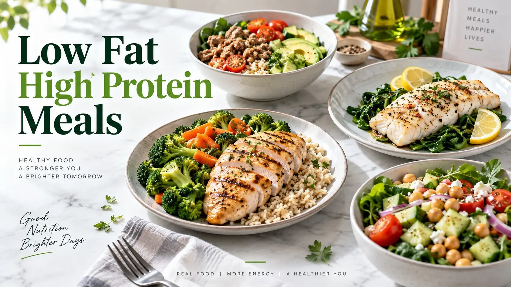 Low Fat High Protein Meals with chicken fish tofu vegetables yogurt and whole grains