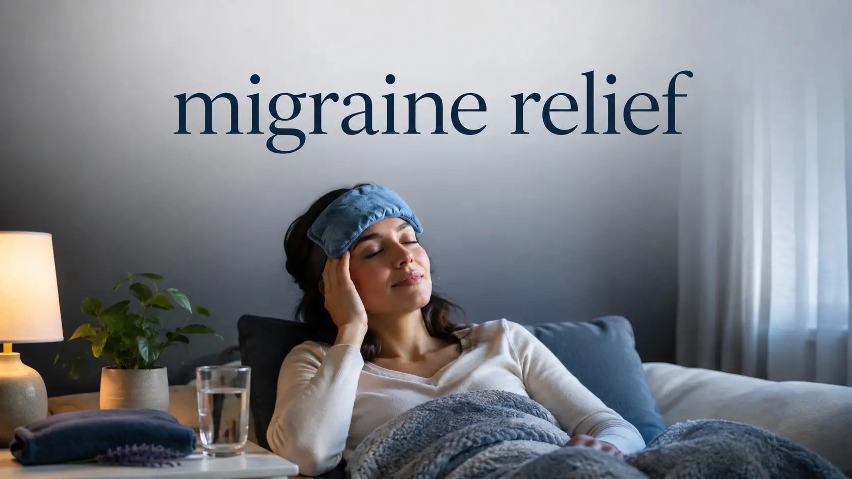 Migraine relief guide showing a person resting in a dark quiet room with a cold pack, water, medicine guidance, and reduced light and sound