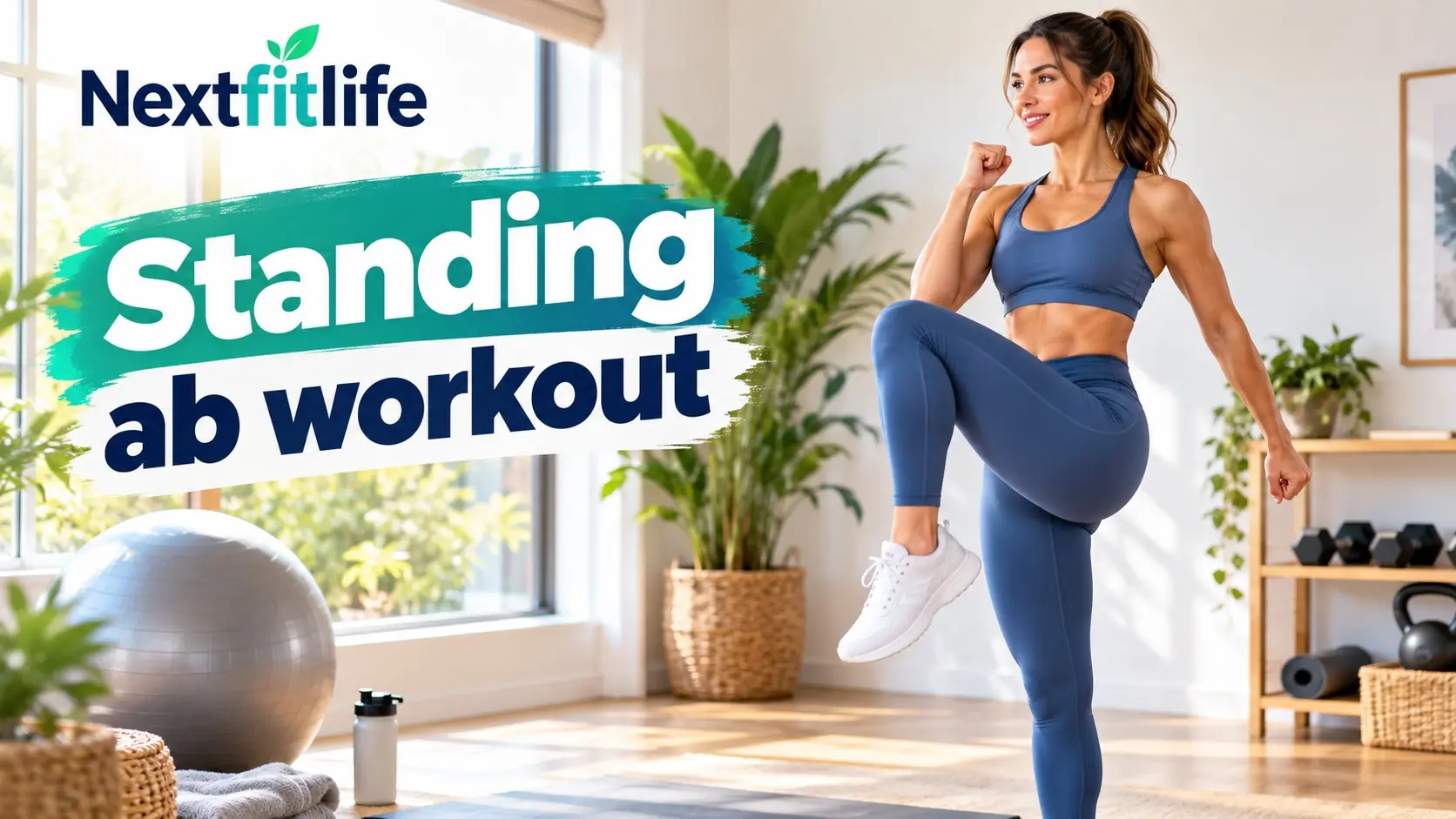 Standing ab workout with knee raises, standing marches, side crunches, wood chops, suitcase holds, and balance exercises