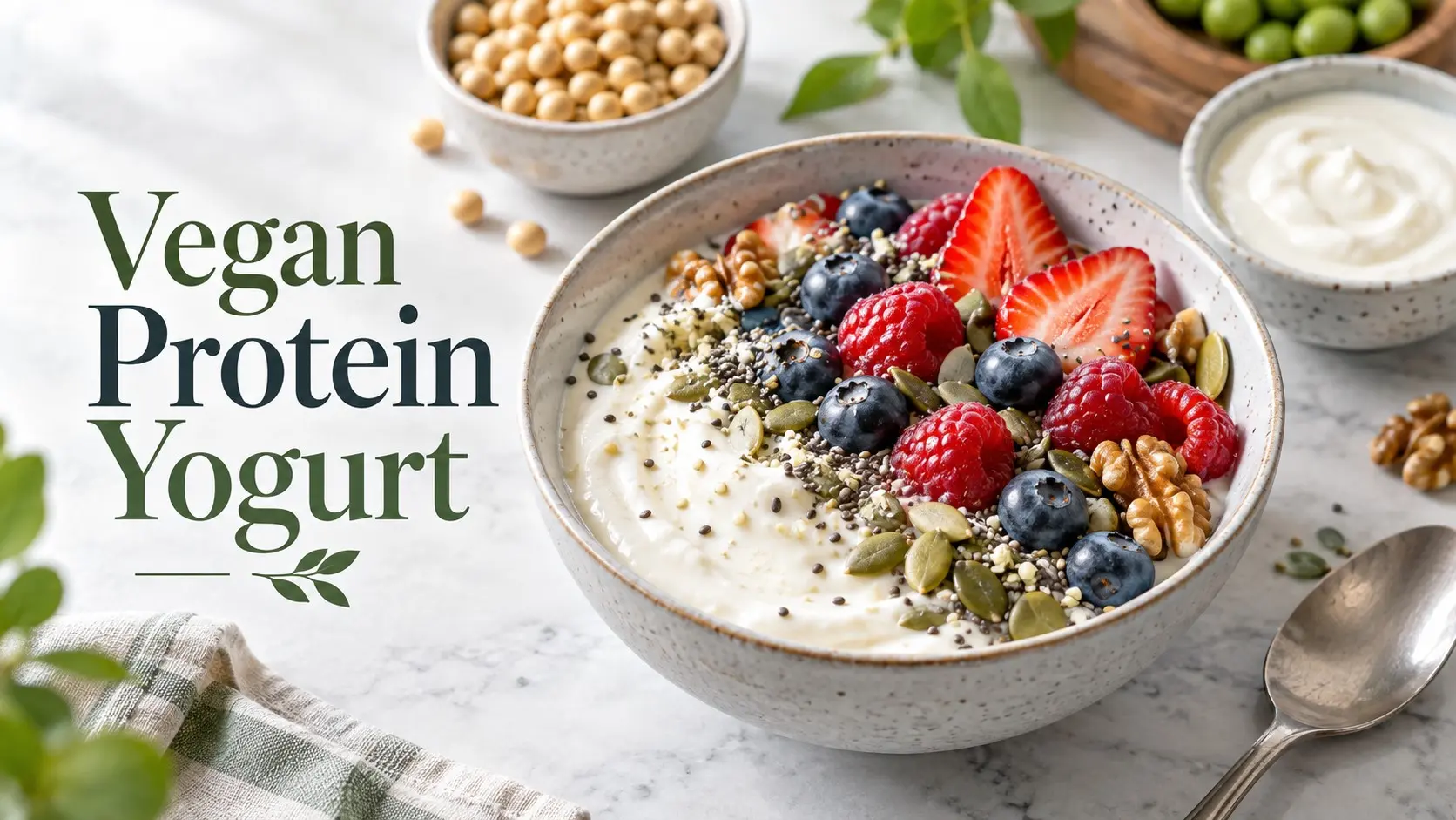 Vegan Protein Yogurt with soy yogurt berries hemp seeds chia seeds nuts and plant protein toppings