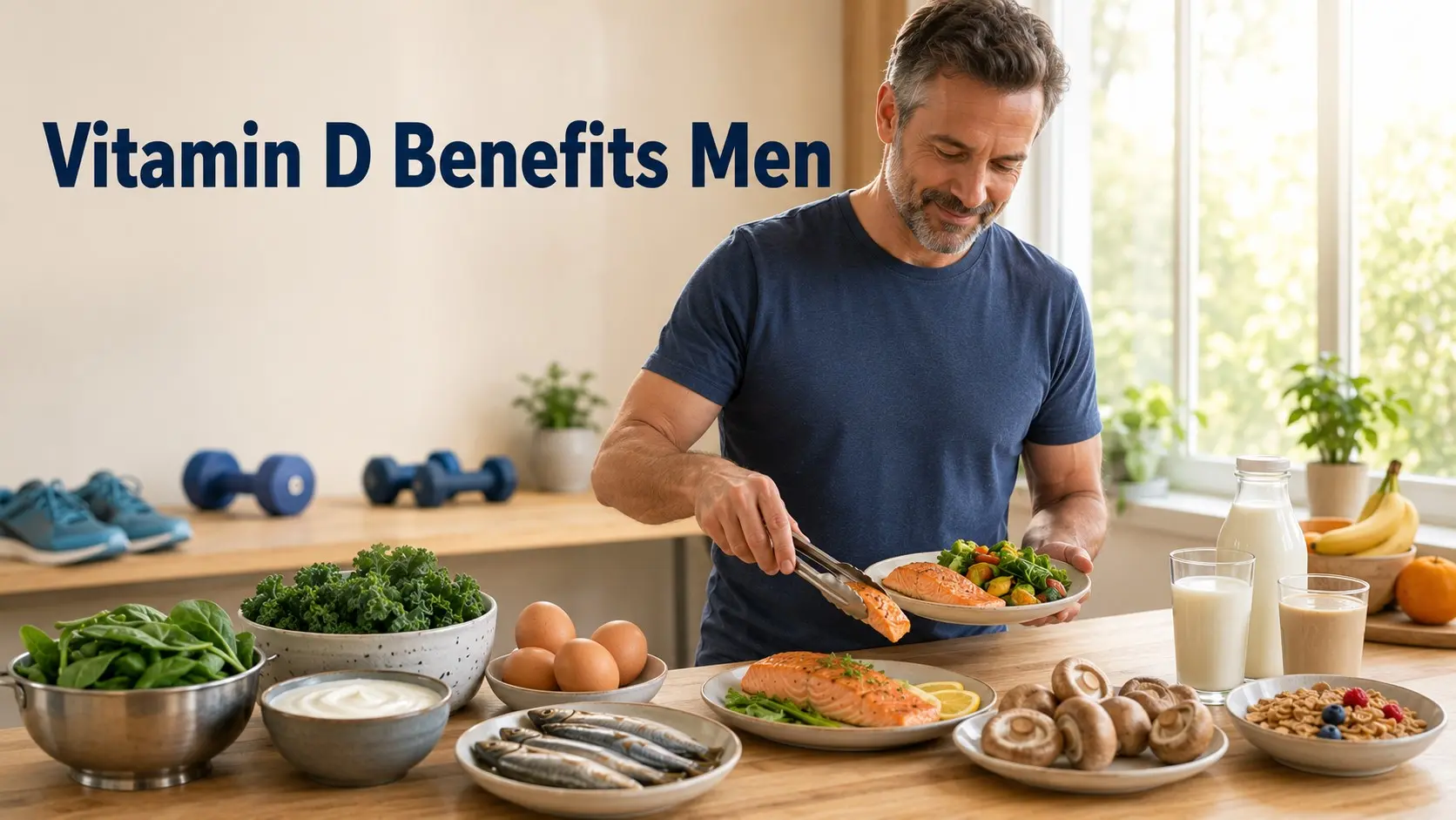 Vitamin D Benefits Men with salmon, eggs, mushrooms, fortified milk, yogurt, leafy greens, exercise weights, and safe natural daylight.