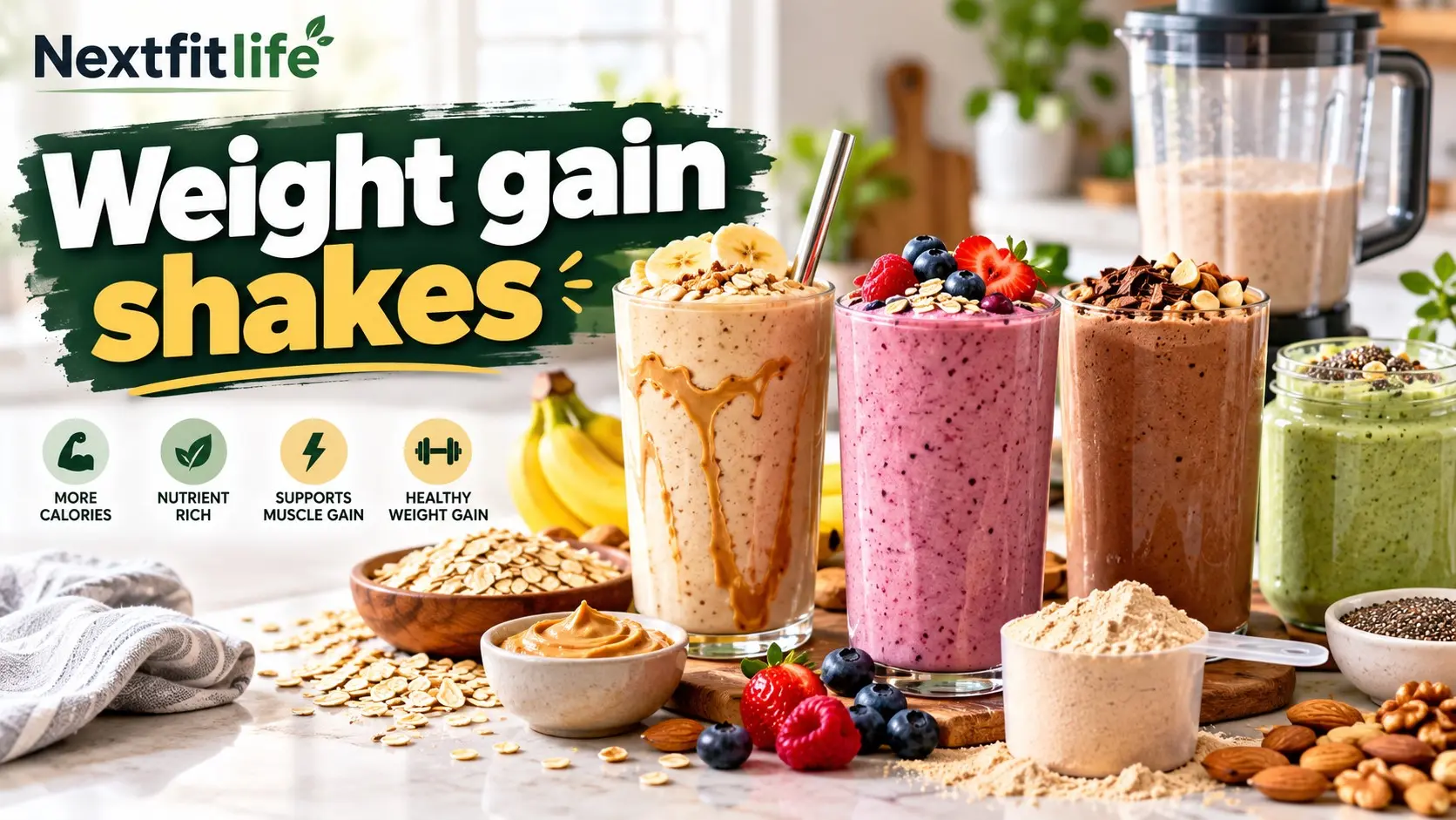 Weight gain shakes made with milk, oats, banana, peanut butter, yogurt, berries, nuts, and protein rich ingredients
