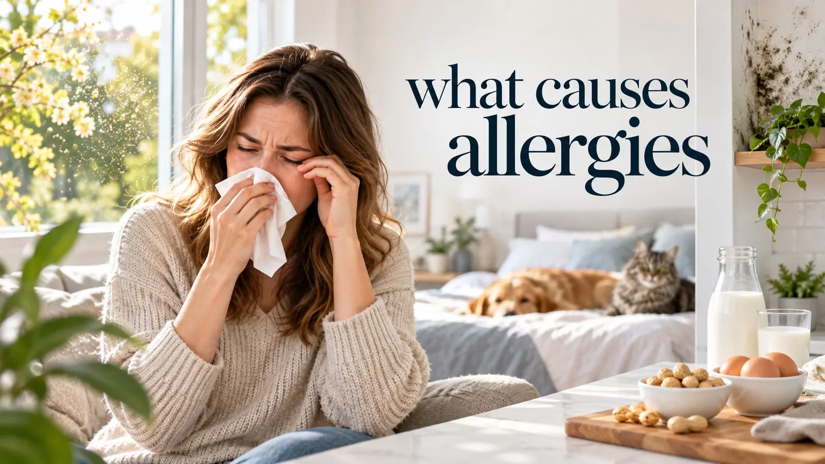 what causes allergies including pollen, dust mites, pets, mold, and food allergens