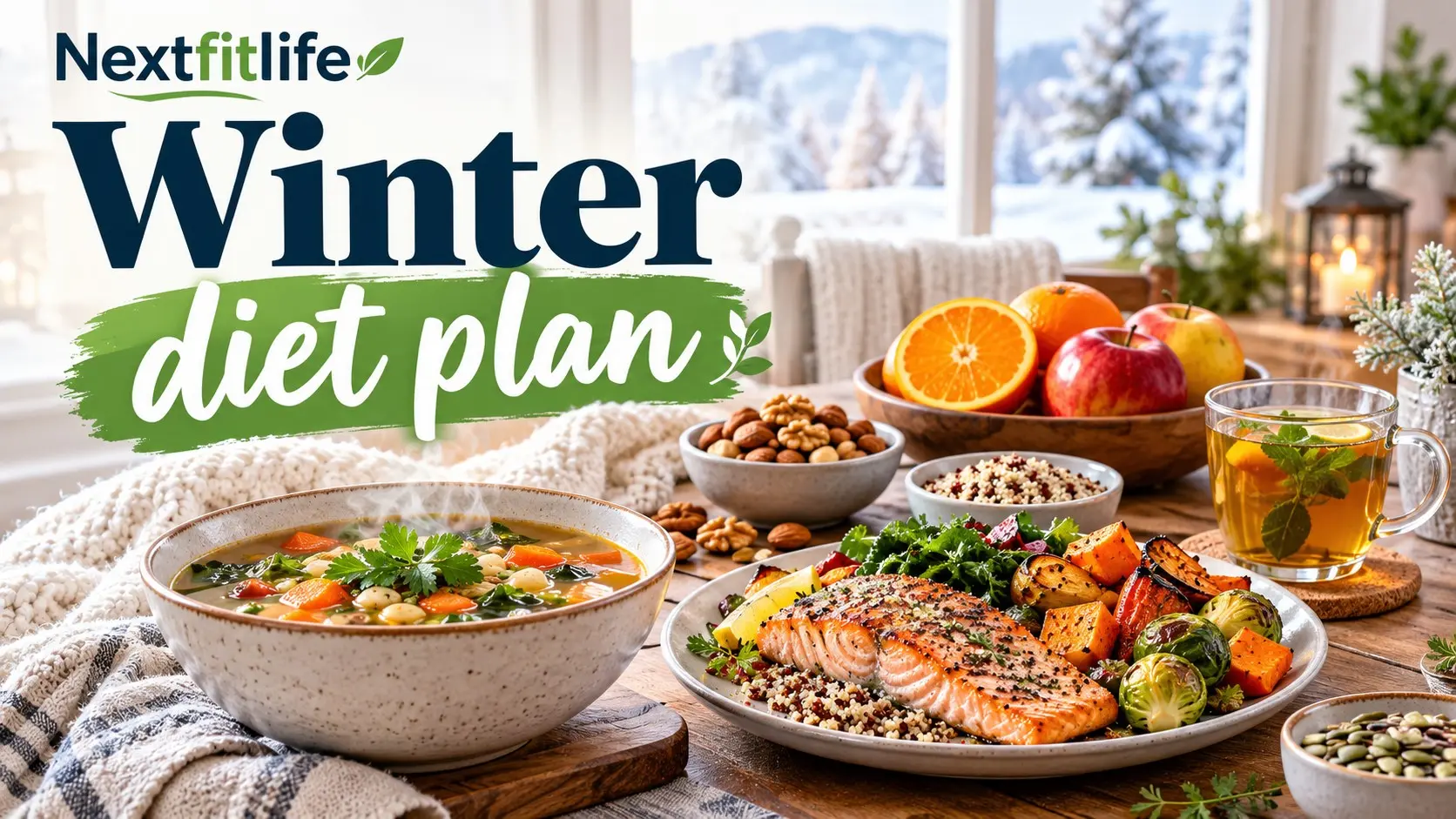 Winter diet plan with healthy soup, vegetables, whole grains, fish, fruit, warm tea, and balanced winter meals