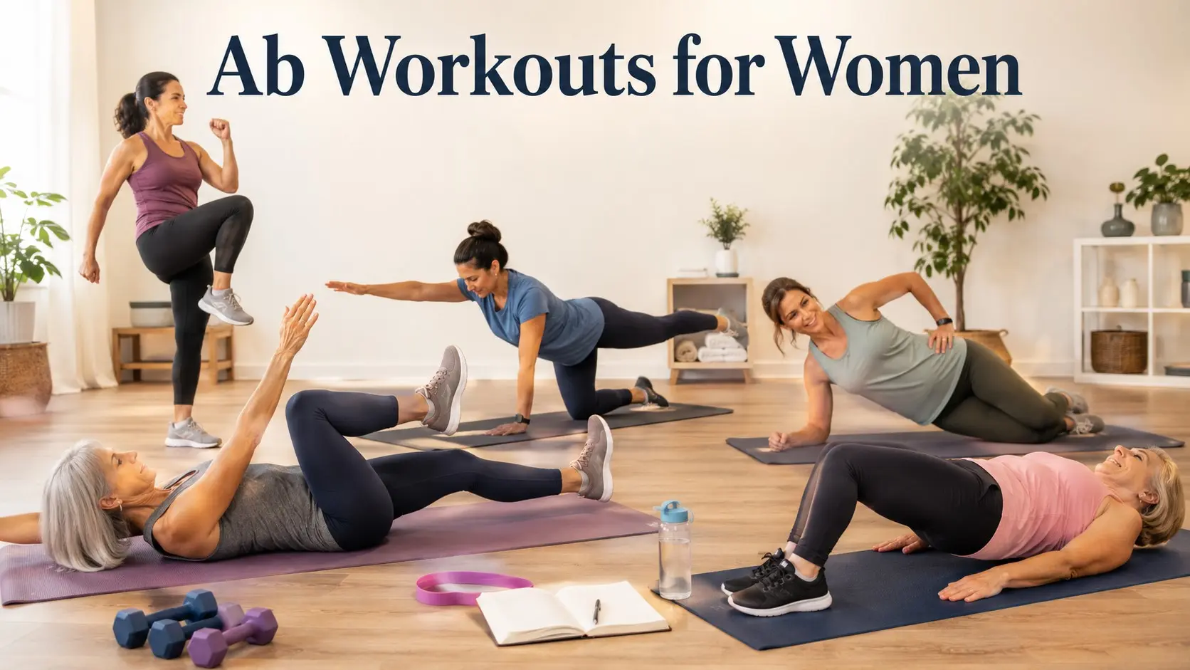 Ab Workouts for Women guide with safe core exercises, dead bugs, bird dogs, glute bridges, modified side planks, and standing knee lifts
