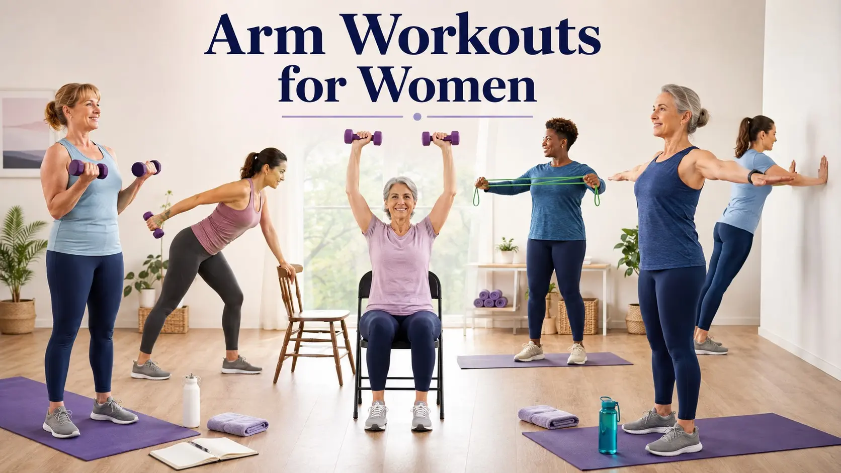 Arm Workouts for Women guide with safe dumbbell curls, band pulls, shoulder presses, triceps moves, and beginner arm exercises