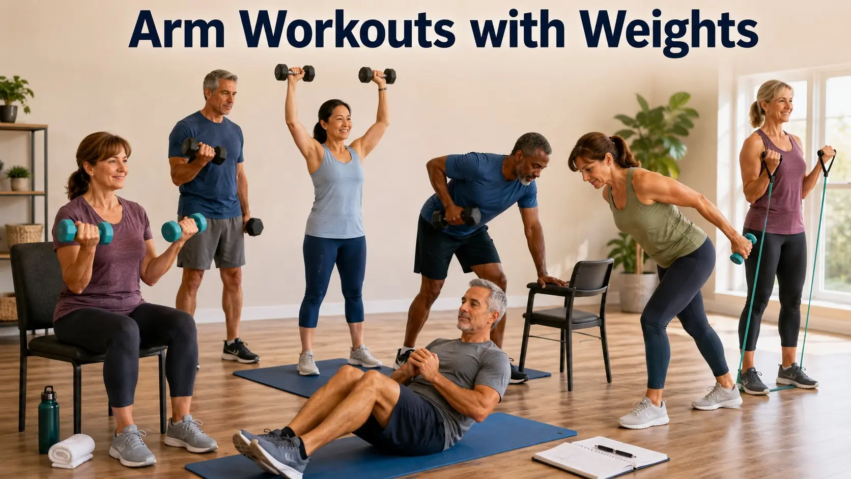 Arm Workouts with Weights guide with adults doing safe dumbbell curls, rows, shoulder presses, triceps moves, and farmer carries