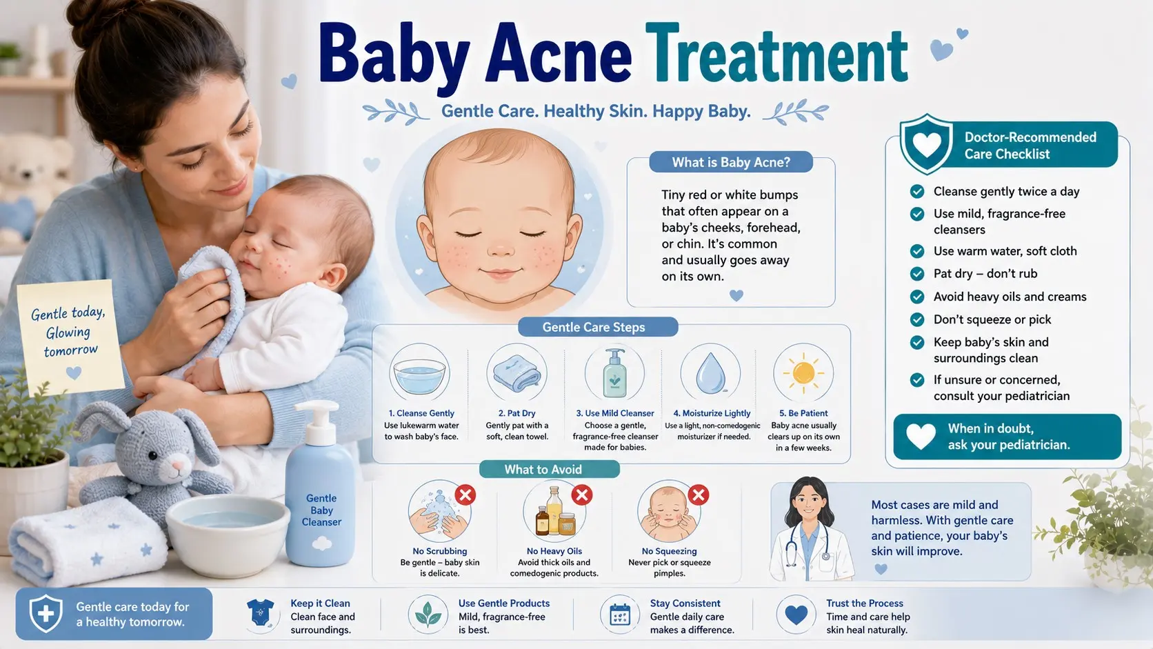 Baby Acne Treatment guide with newborn face rash icon, gentle washing, warm water, soft towel, no scrubbing, no oils, and doctor checklist icons.