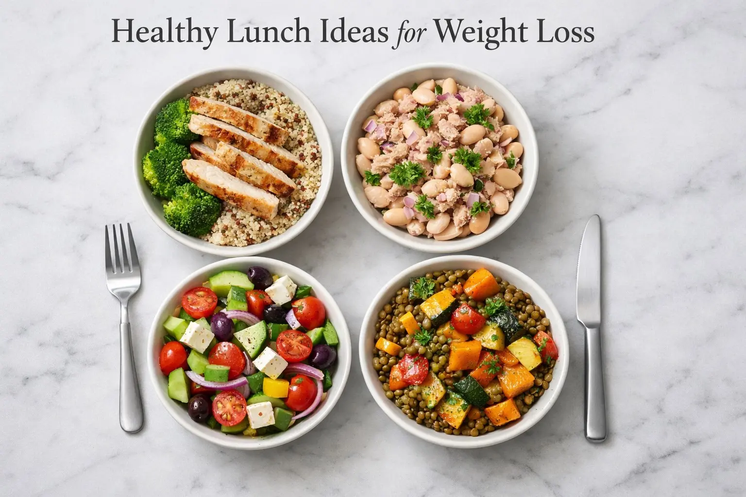 Healthy Lunch Ideas for Weight Loss flat lay with four bowls: chicken quinoa, tuna beans, Greek salad, lentils