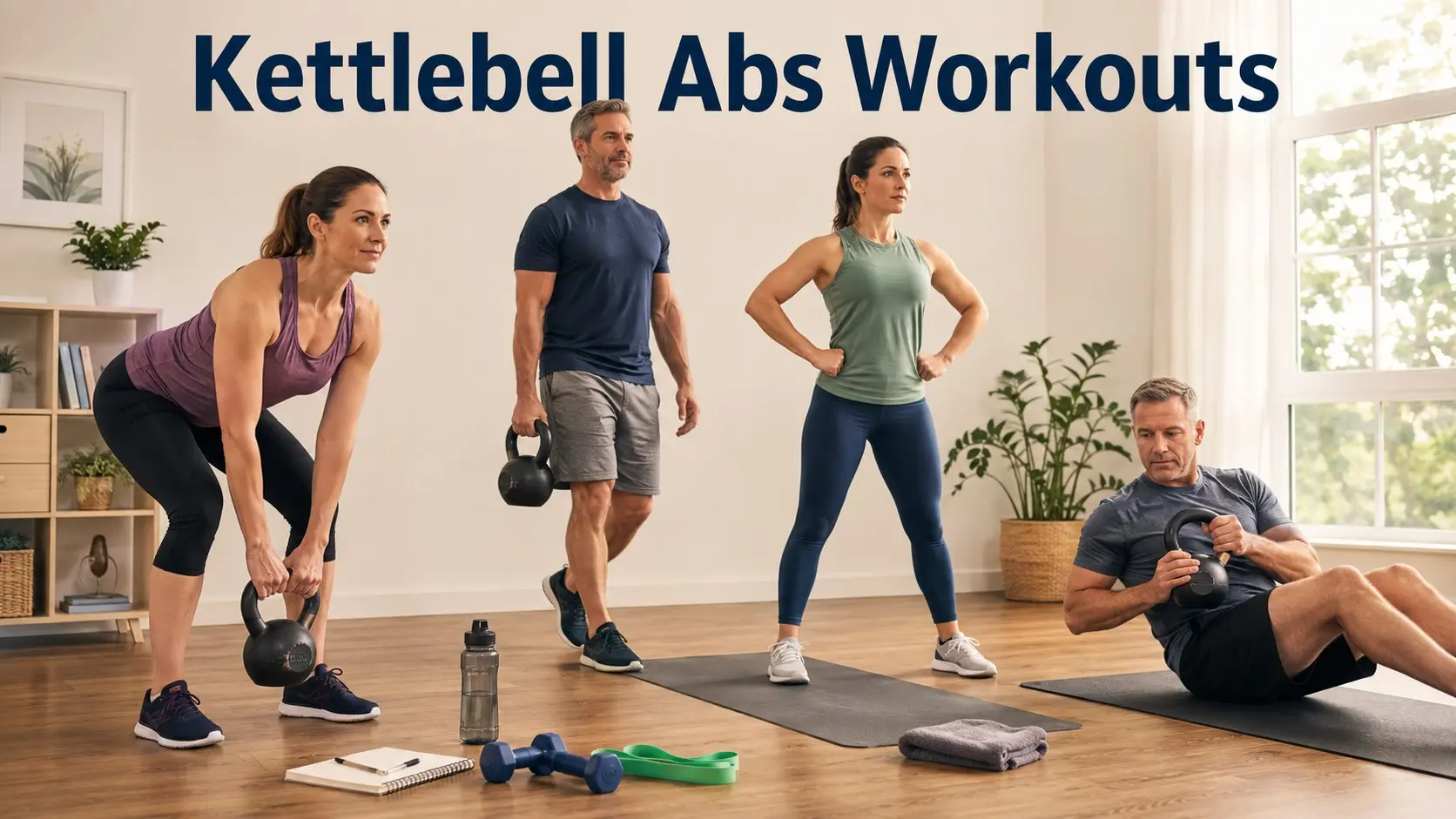 Kettlebell Abs Workouts guide with adults doing safe kettlebell core exercises, carries, deadlifts, and controlled core bracing