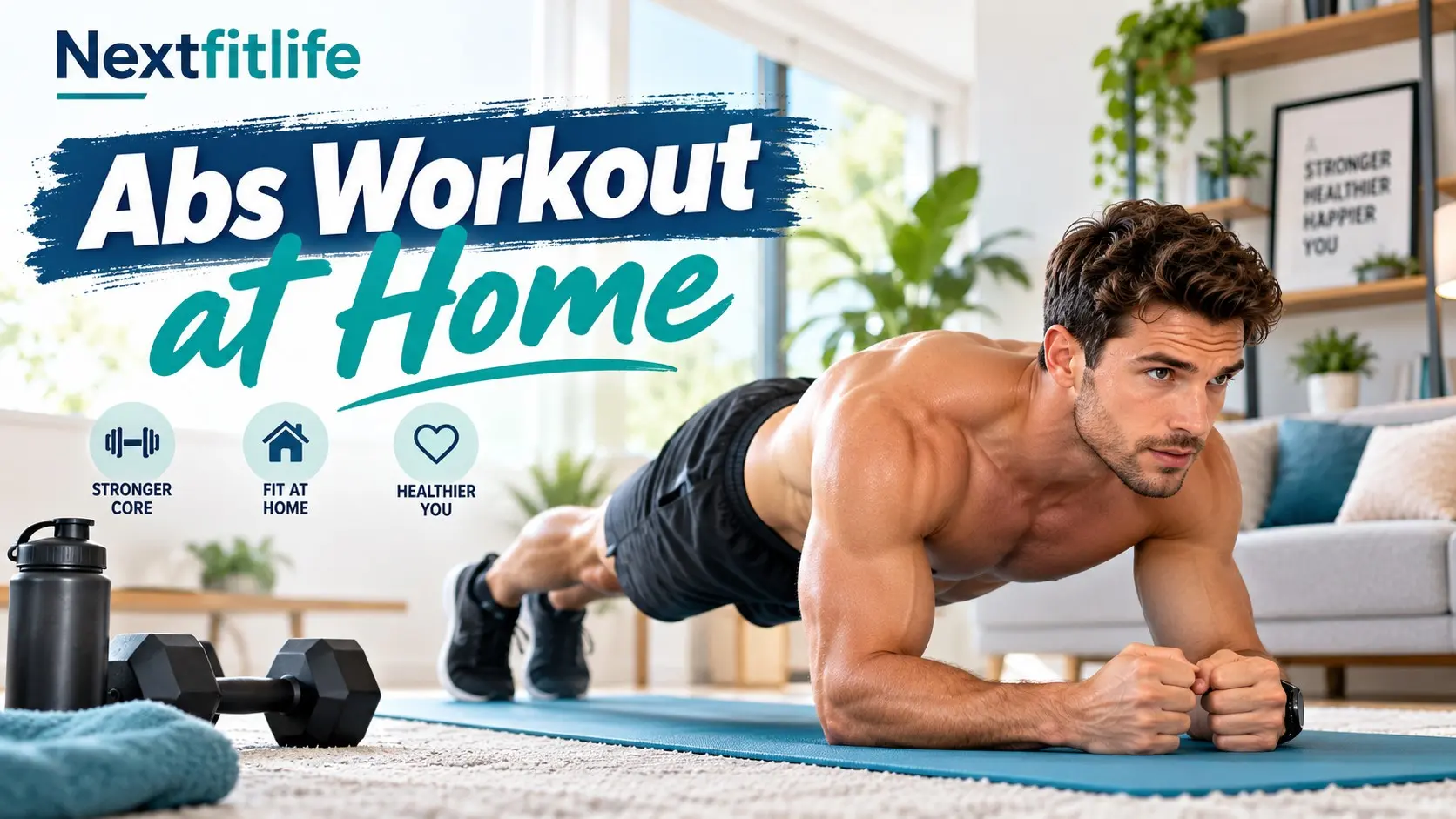 Abs workout at home with plank, dead bug, reverse crunch, side plank, and bodyweight core exercises