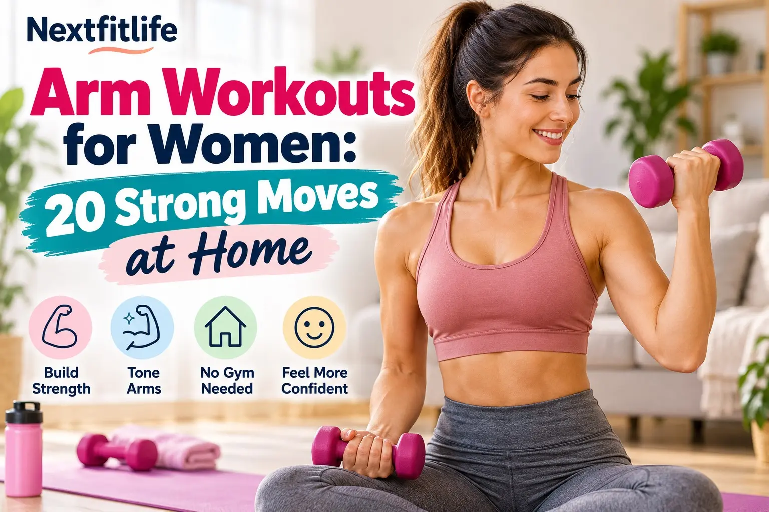 Arm Workouts for Women showing dumbbell curls, shoulder presses, rows, triceps exercises, resistance bands, and farmer carries