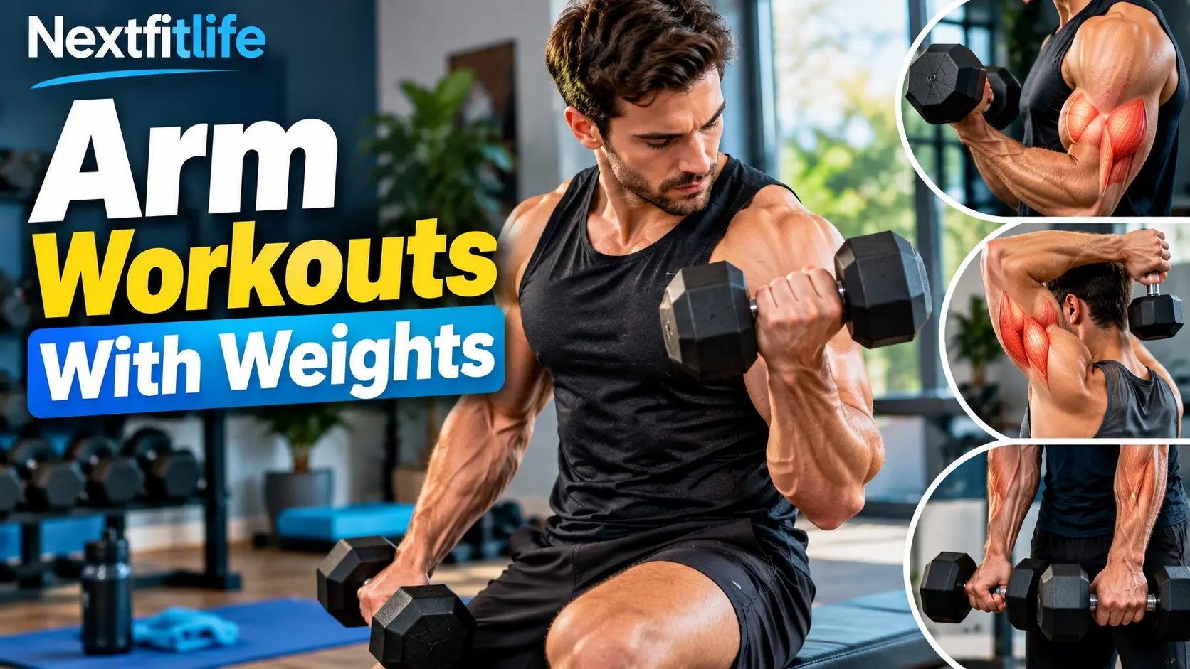 Arm workouts with weights showing dumbbell curls, triceps exercises, hammer curls, and controlled arm strength training