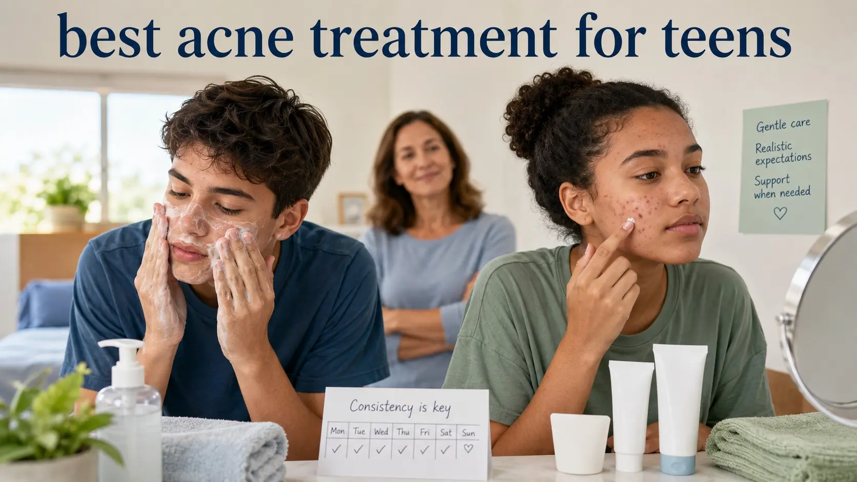 best acne treatment for teens- Teenagers following a gentle acne treatment routine with cleanser, moisturizer, sunscreen, and acne medicine