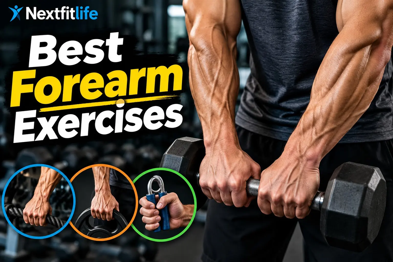 Best Forearm Exercises showing wrist curls, reverse curls, hammer curls, farmer carries, and grip strength training