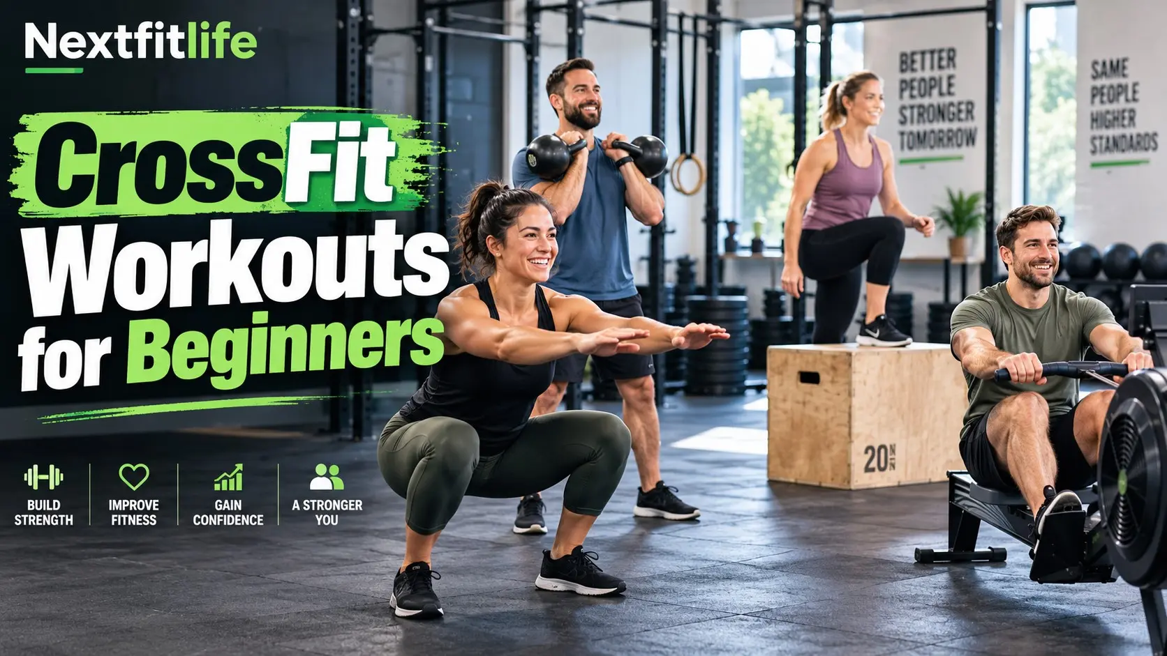 CrossFit Workouts for Beginners showing scaled squats, rowing, step ups, kettlebell training, and beginner functional fitness