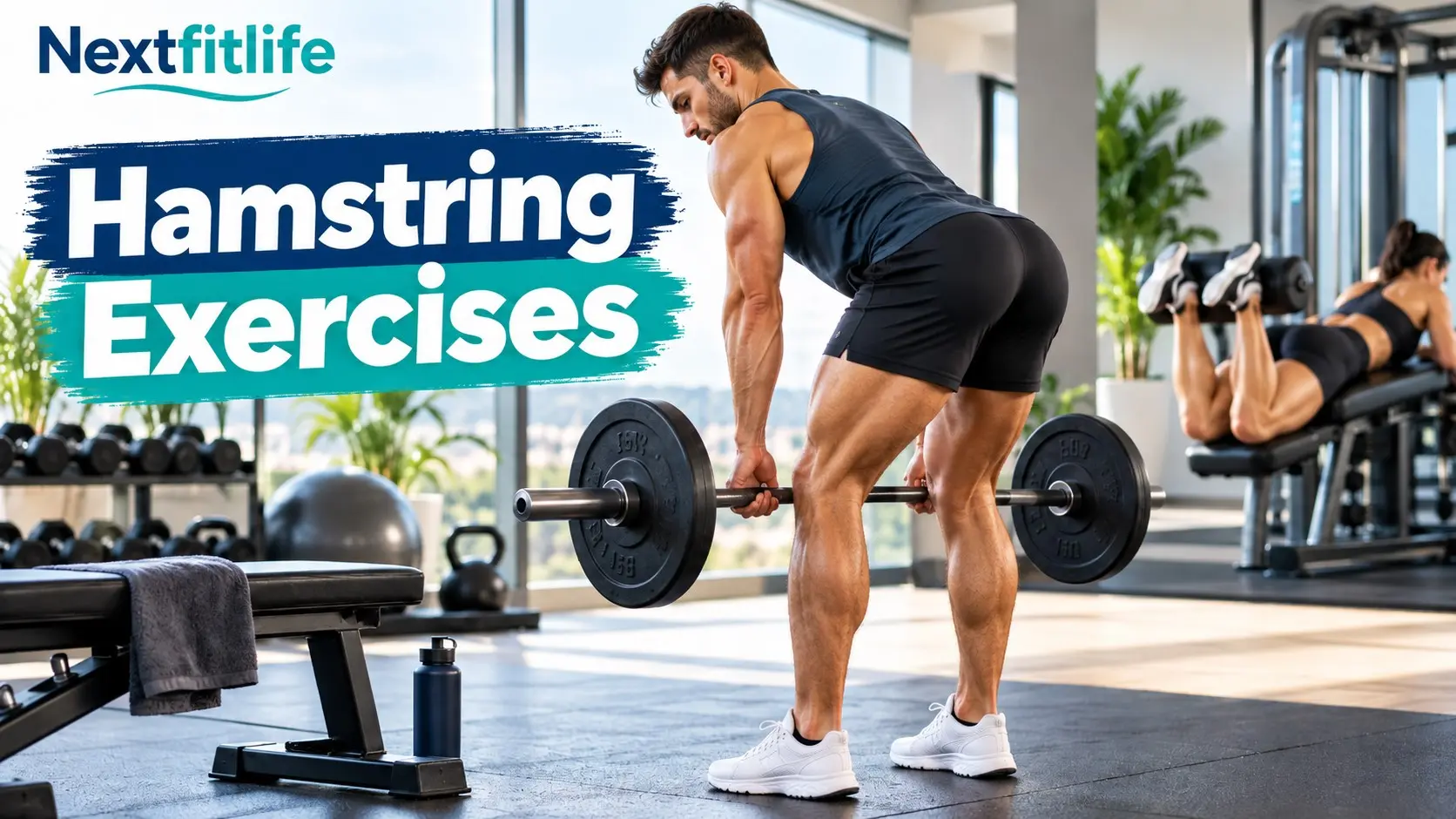 Hamstring exercises including Romanian deadlifts, Nordic curls, leg curls, and hamstring stretching for stronger legs