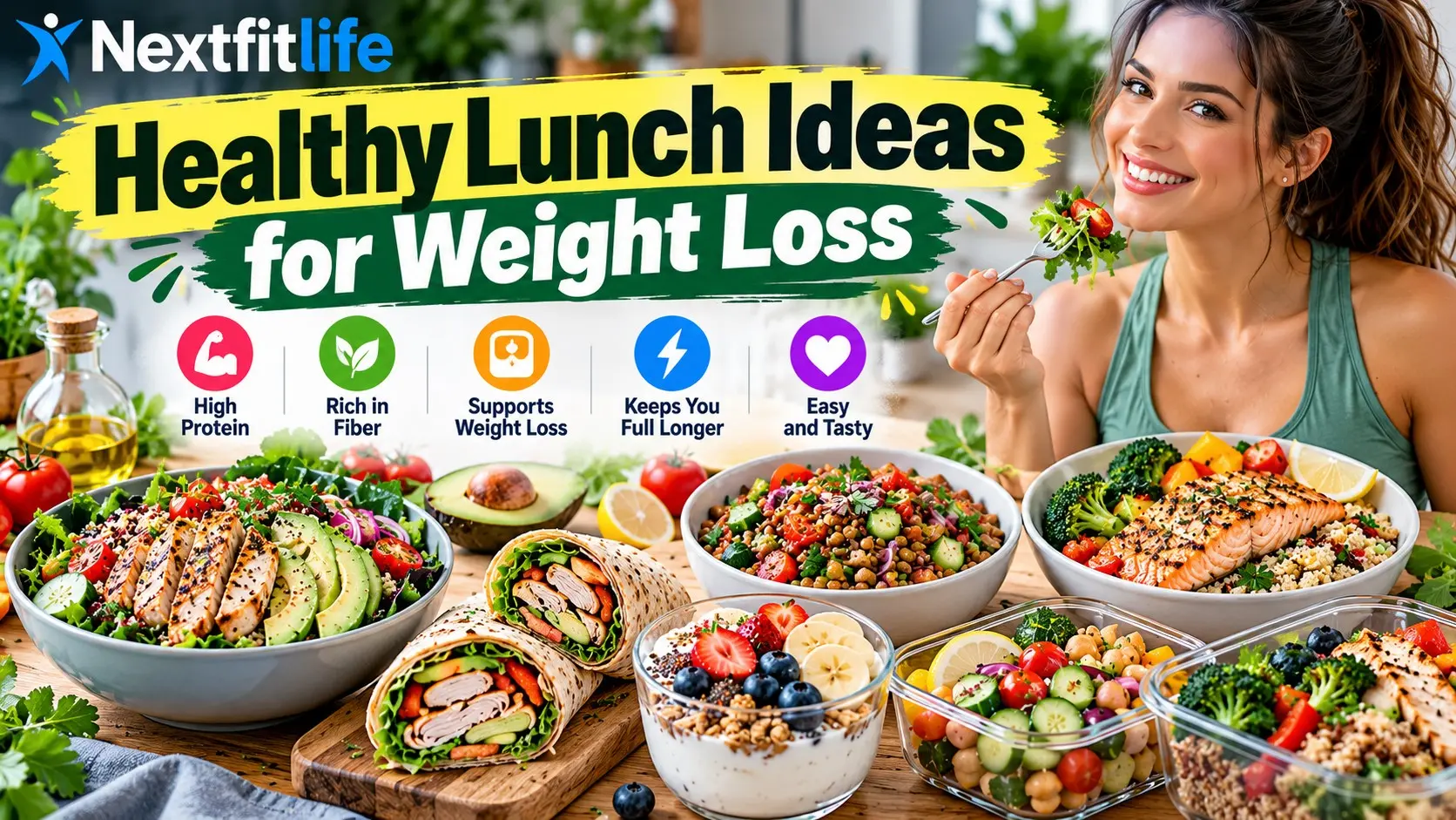 Healthy Lunch Ideas for Weight Loss with chicken salad, lentil bowl, salmon, wraps, yogurt, vegetables, and high protein meal prep