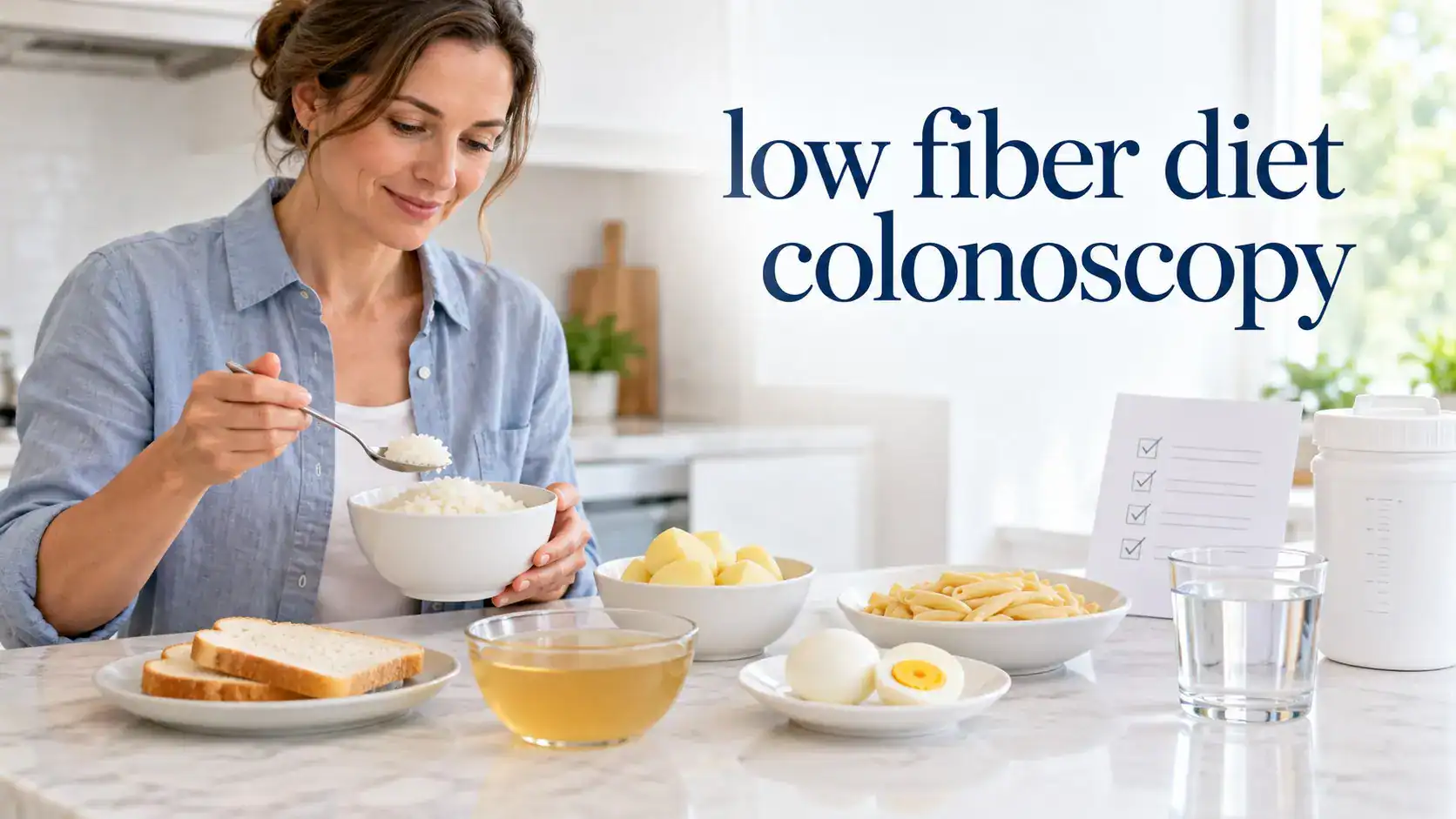 low fiber diet colonoscopy preparation with white rice, eggs, toast, clear fluids, and written prep instructions