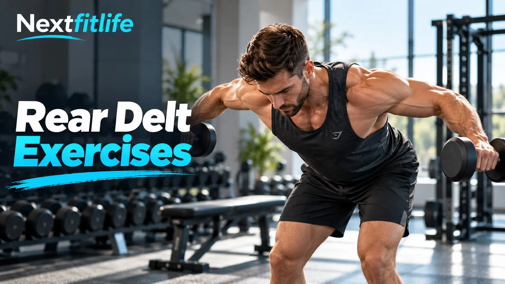 Rear delt exercises including reverse flyes, cable rear delt work, rows, and face pulls for stronger shoulders